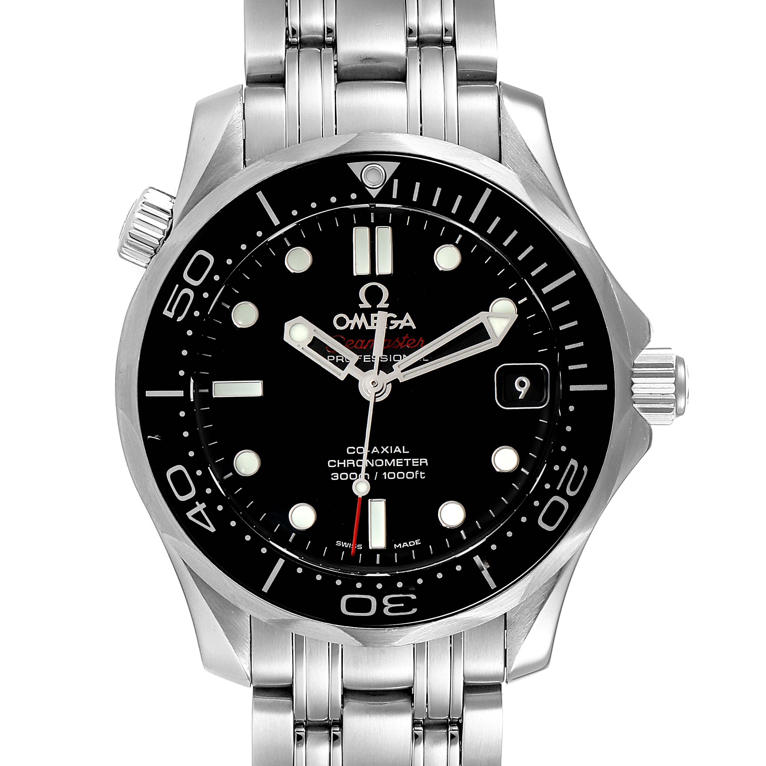 The image shows a front view of the Omega Seamaster 212.30.36.20.01.002 Men
s Stainless Steel Black Dial 212.30.36.20.01.002 Men
s Stainless Steel Black Dial watch, displaying the dial, bezel, and part of the stainless steel bracelet.