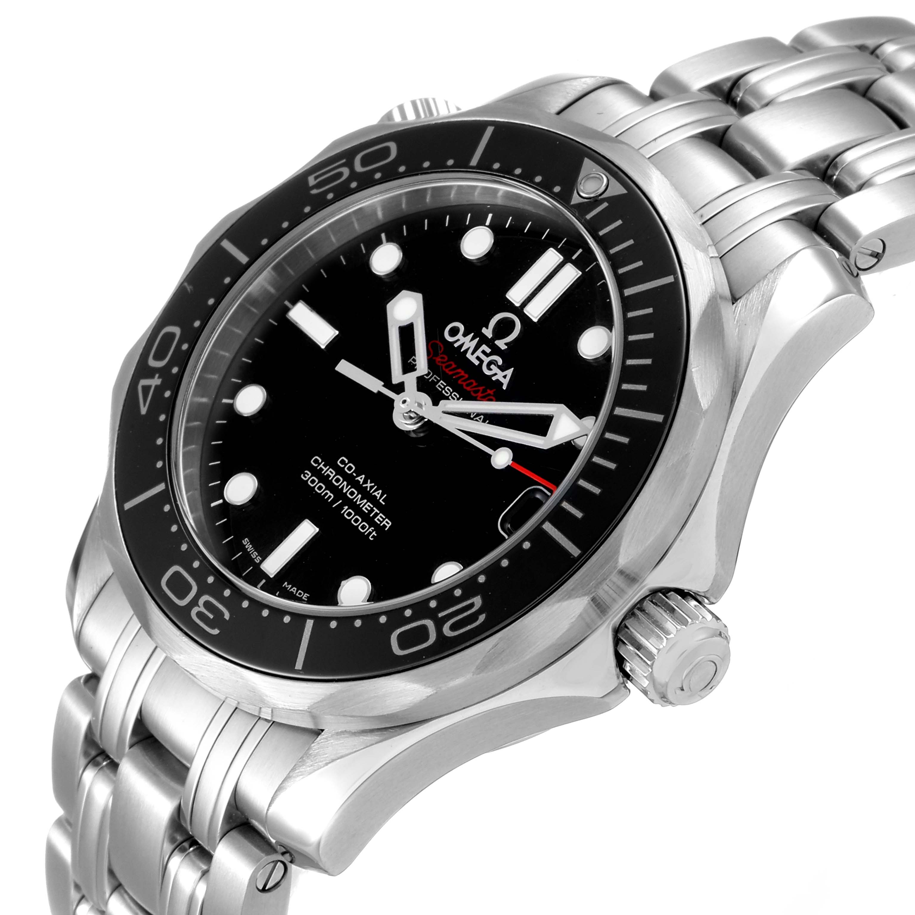 The Omega Seamaster 212.30.36.20.01.002 Men
s Stainless Steel Black Dial 212.30.36.20.01.002 Men
s Stainless Steel Black Dial watch is shown at a slight angle, displaying the face, bezel, crown, and part of the bracelet.
