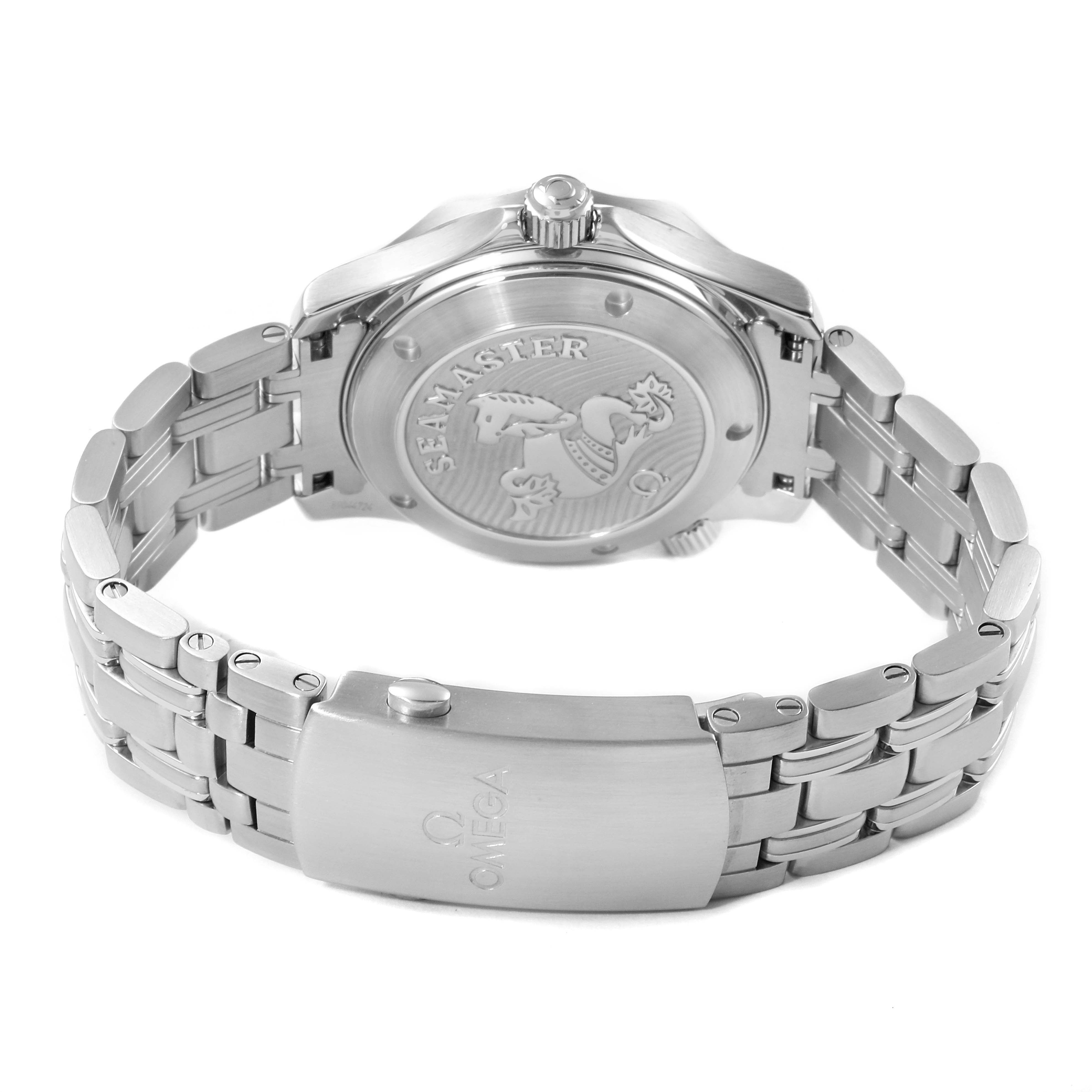 The image shows the back view of an Omega Seamaster 212.30.36.20.01.002 Men
s Stainless Steel Black Dial 212.30.36.20.01.002 Men
s Stainless Steel Black Dial watch, focusing on its case back, bracelet, and clasp.