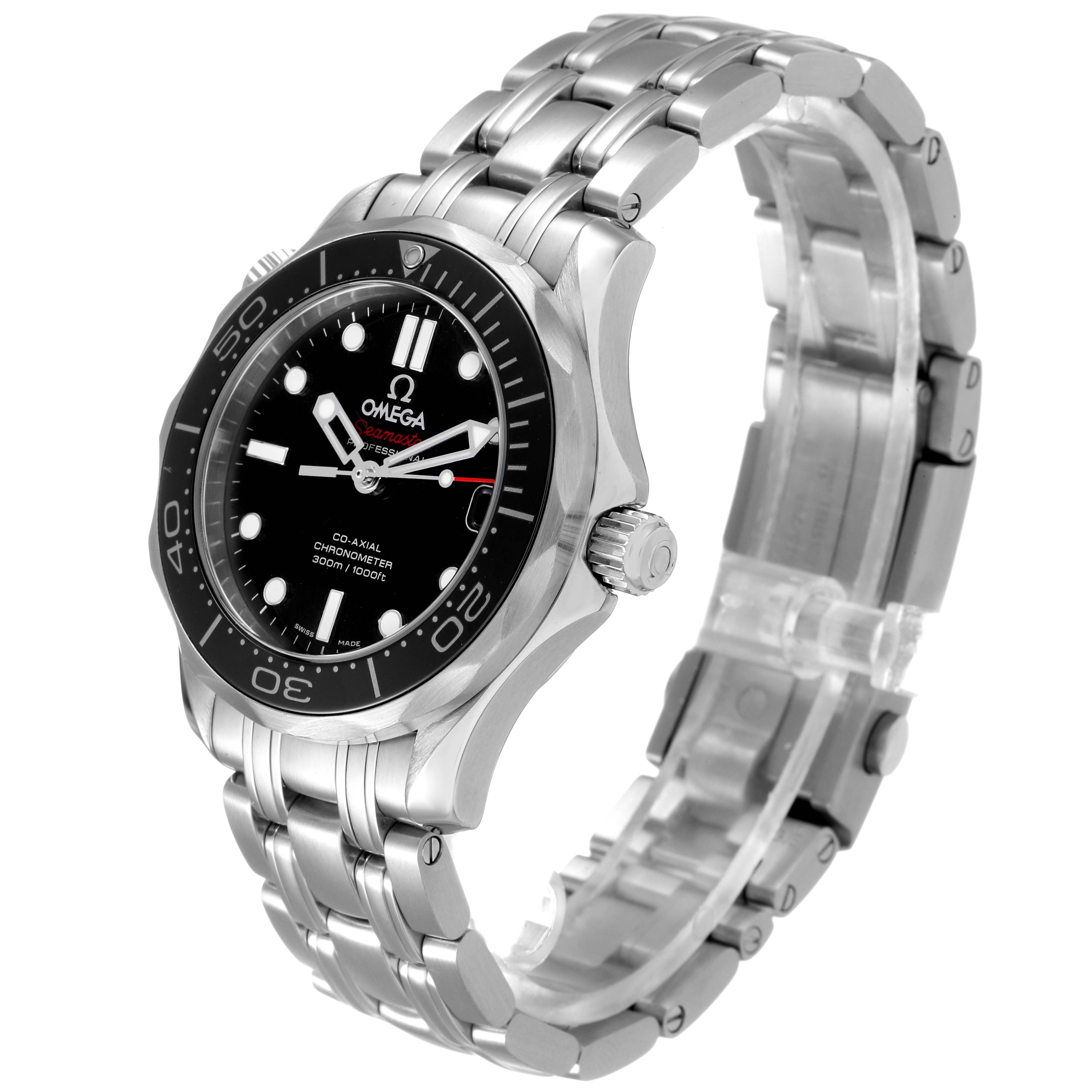 The image shows an Omega Seamaster 212.30.36.20.01.002 Men
s Stainless Steel Black Dial 212.30.36.20.01.002 Men
s Stainless Steel Black Dial watch at a three-quarter angle, highlighting its face, bezel, crown, and stainless steel bracelet.
