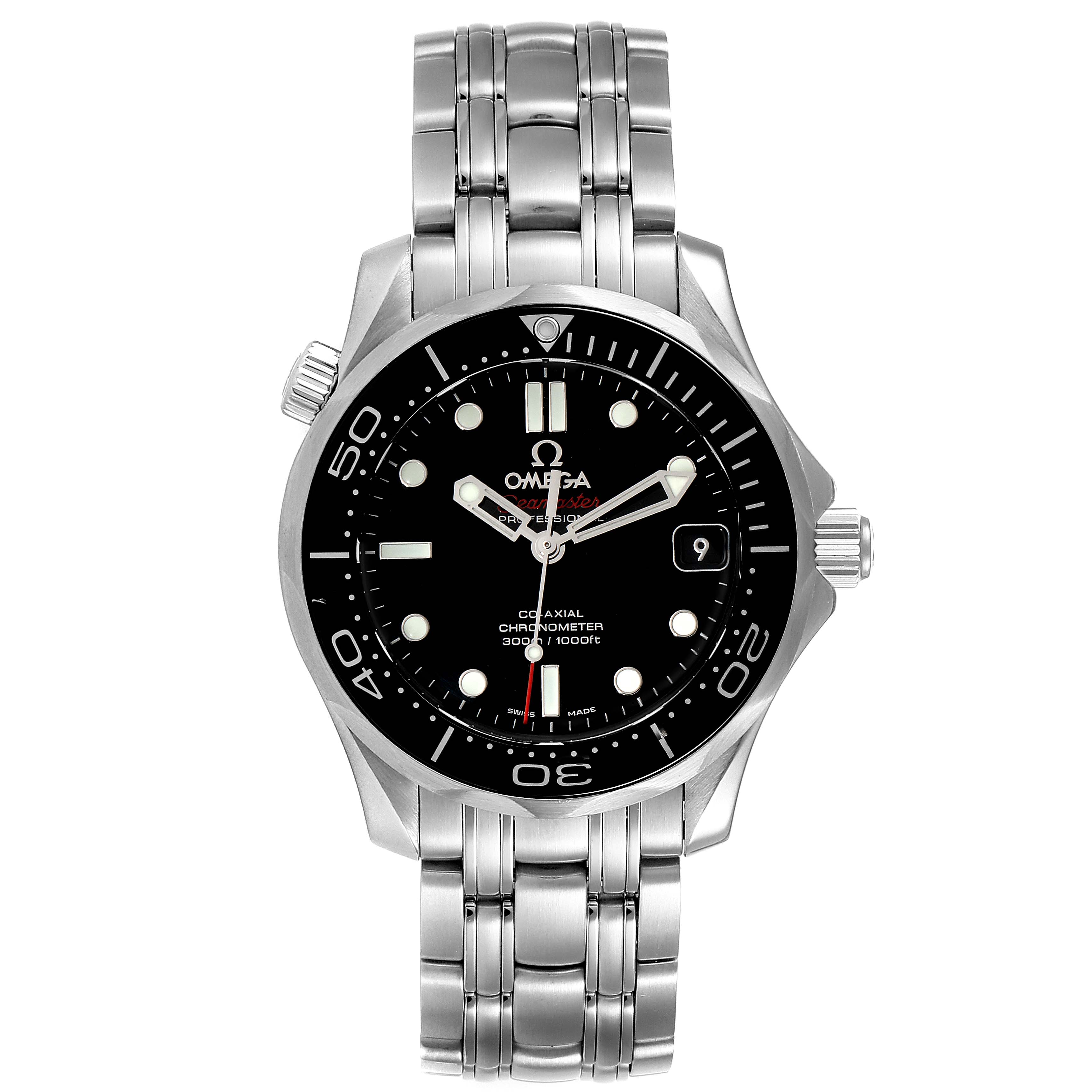 The Omega Seamaster 212.30.36.20.01.002 Men
s Stainless Steel Black Dial 212.30.36.20.01.002 Men
s Stainless Steel Black Dial watch is shown from a front angle, displaying the dial, bezel, and stainless steel bracelet.