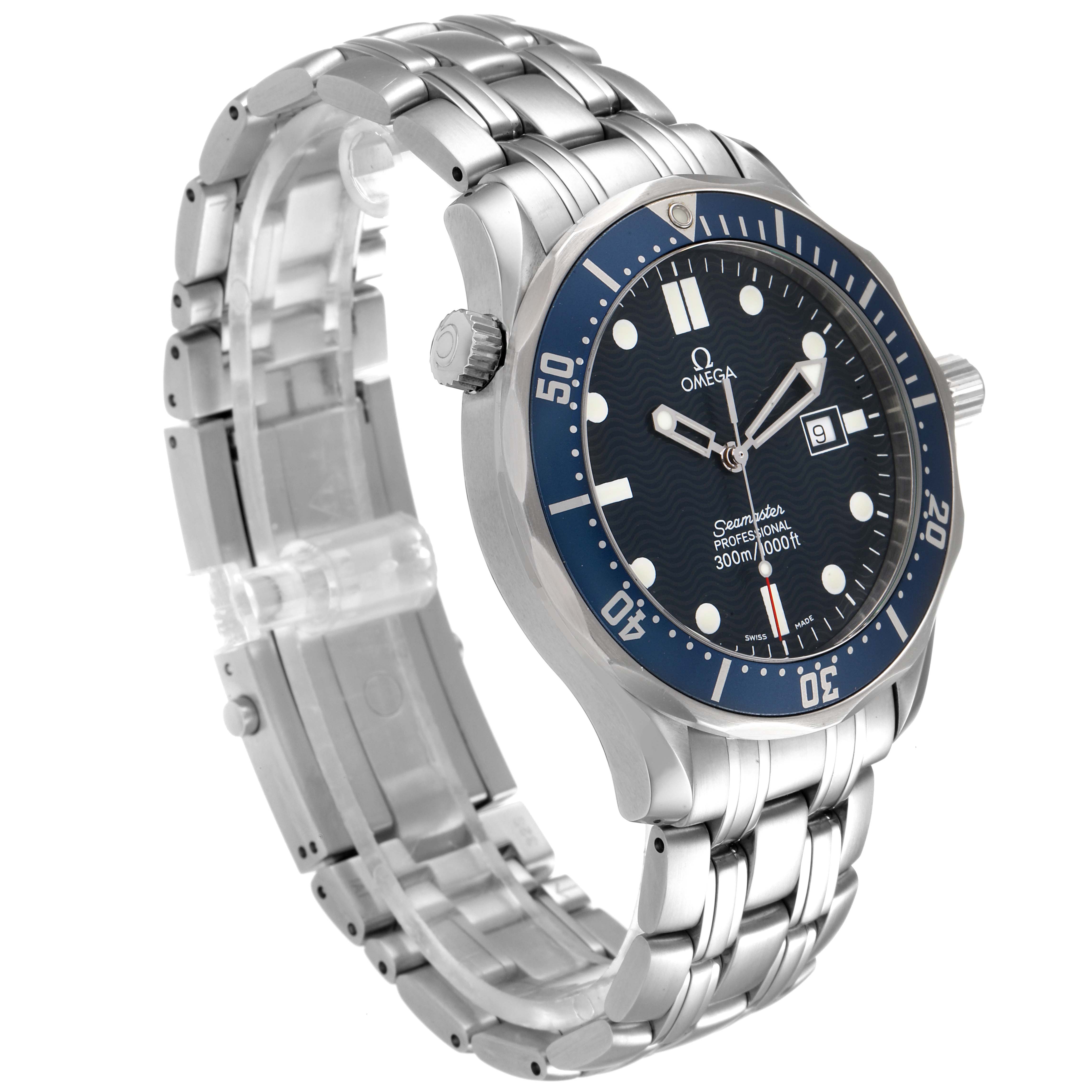 This image shows an Omega Seamaster 2541.80.00 Men
s Stainless Steel Blue Dial 2541.80.00 Men
s Stainless Steel Blue Dial watch at a side-angle view, highlighting its bracelet, crown, and face with markings.