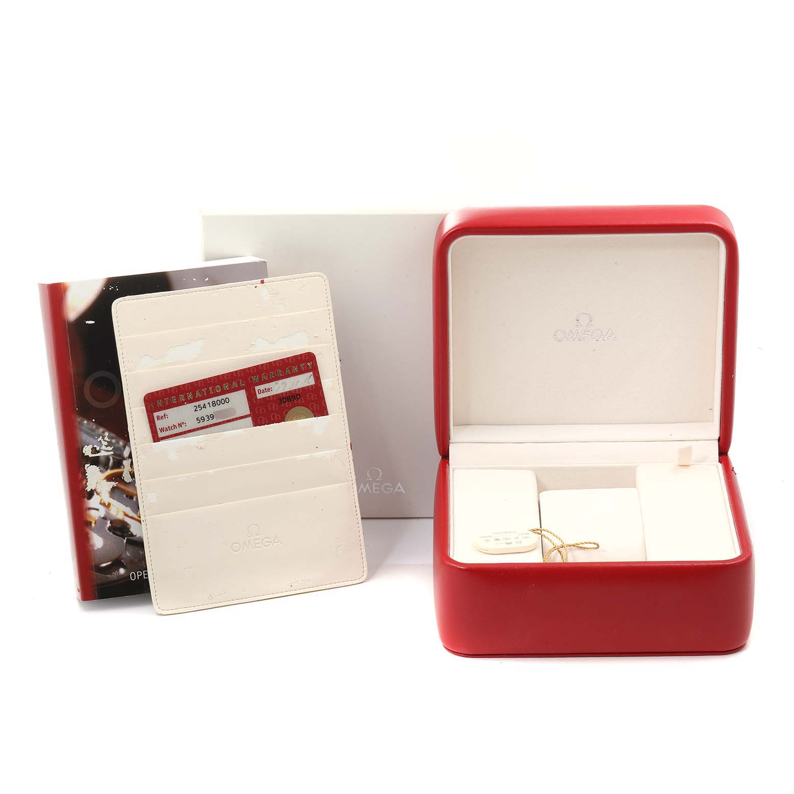 The image shows an Omega Seamaster 2541.80.00 Men
s Stainless Steel Blue Dial 2541.80.00 Men
s Stainless Steel Blue Dial watch box, warranty card holder, and an instruction manual from a front angle.