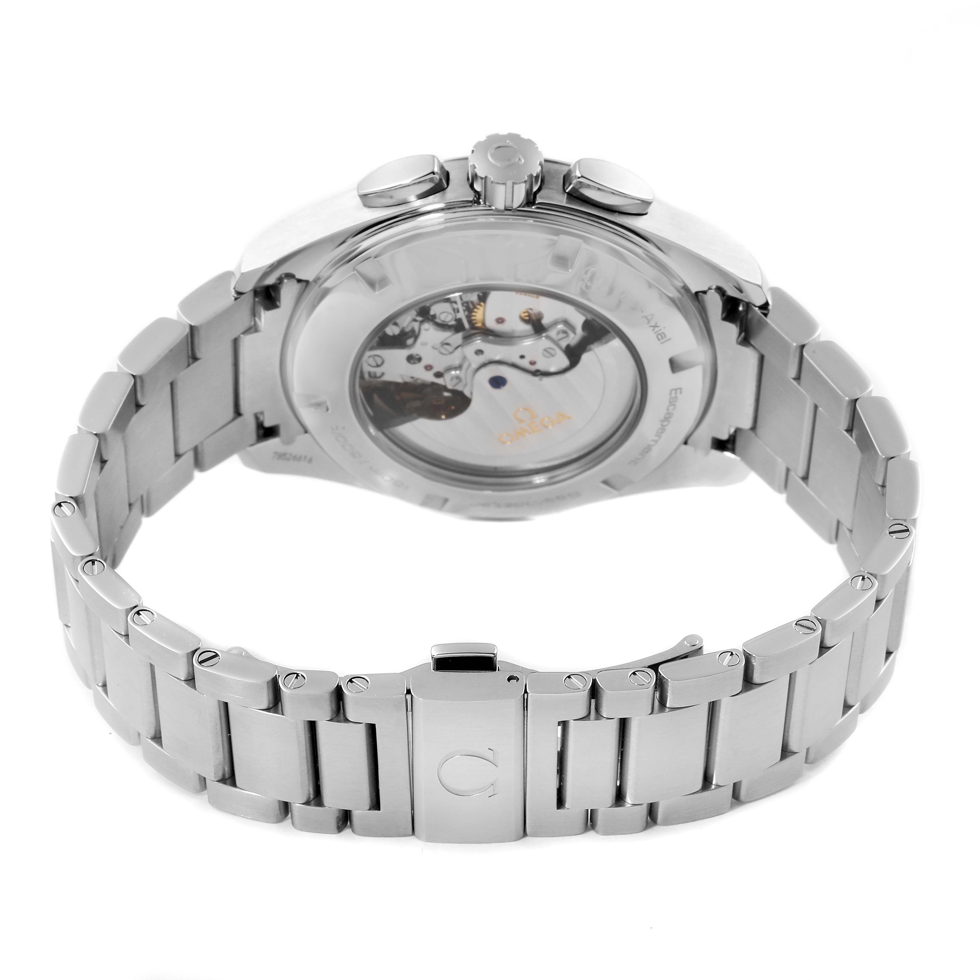 The image shows the back view of an Omega Aqua Terra 231.10.44.50.09.001 Men's Stainless Steel White Dial 231.10.44.50.09.001 Men's Stainless Steel White Dial watch highlighting its bracelet and transparent case back revealing the movement.