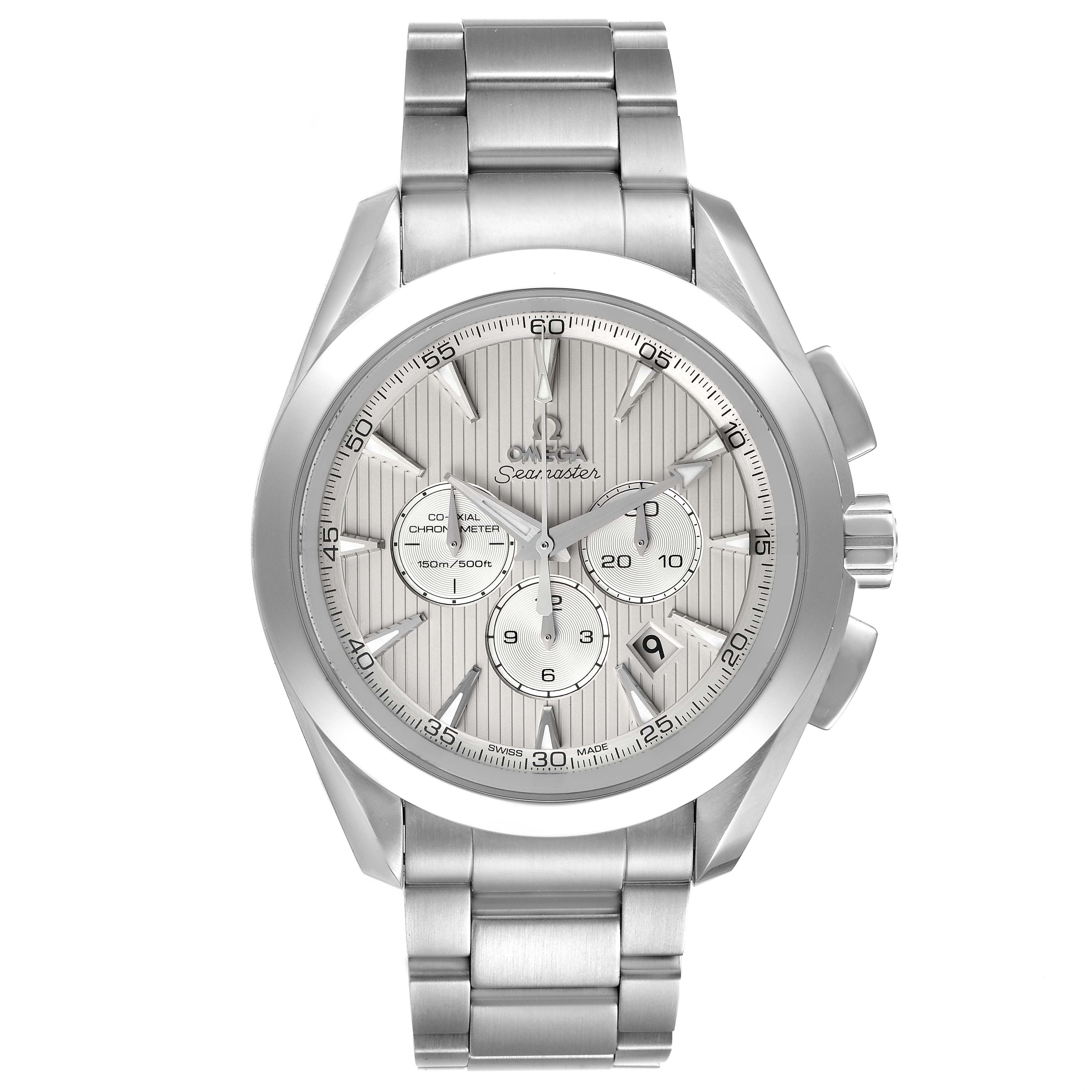 This image shows a front view of the Omega Aqua Terra 231.10.44.50.09.001 Men's Stainless Steel White Dial 231.10.44.50.09.001 Men's Stainless Steel White Dial watch, displaying its face, bezel, and bracelet.