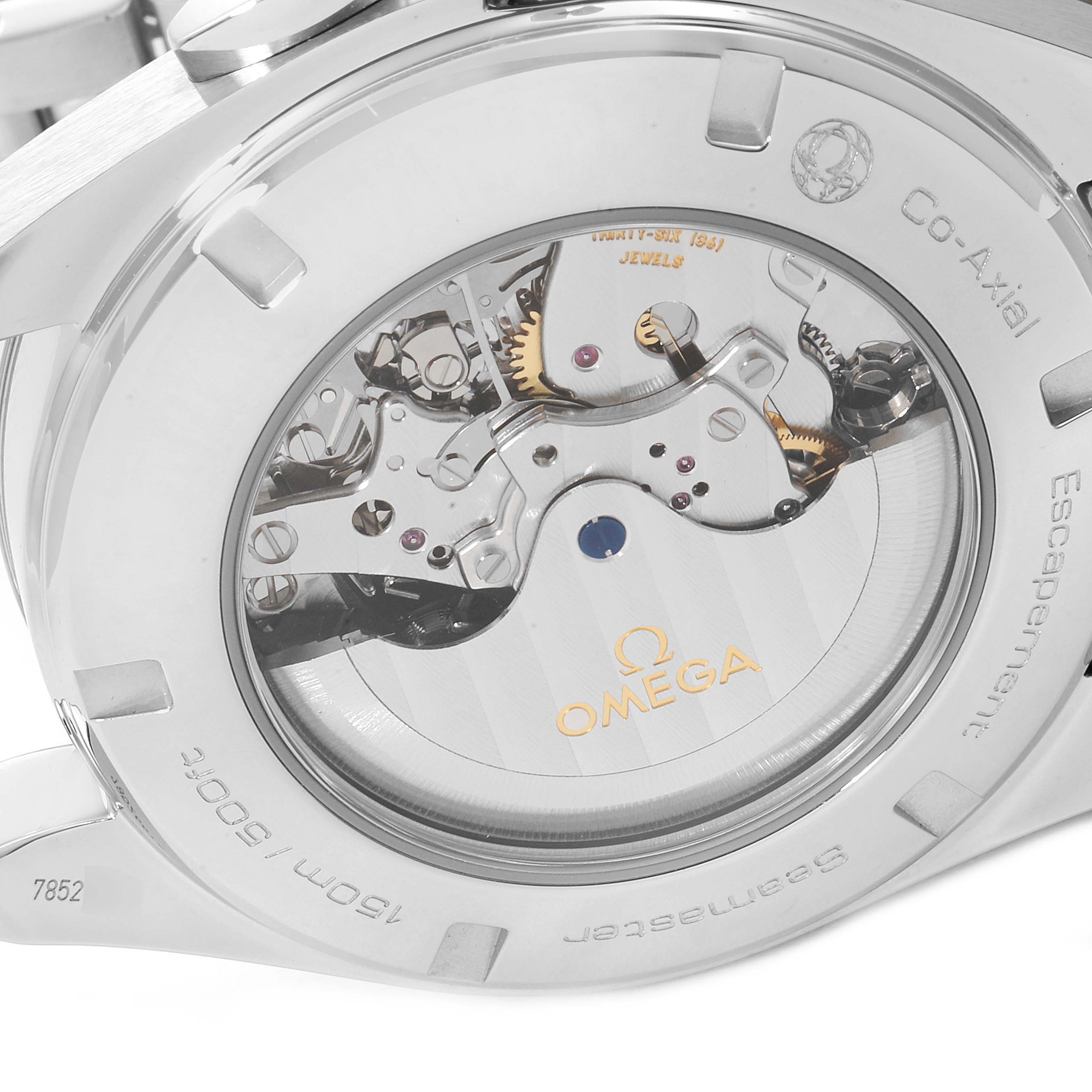 The image shows the back view of the Omega Aqua Terra 231.10.44.50.09.001 Men's Stainless Steel White Dial 231.10.44.50.09.001 Men's Stainless Steel White Dial watch, displaying its mechanical movement and Co-Axial escapement.