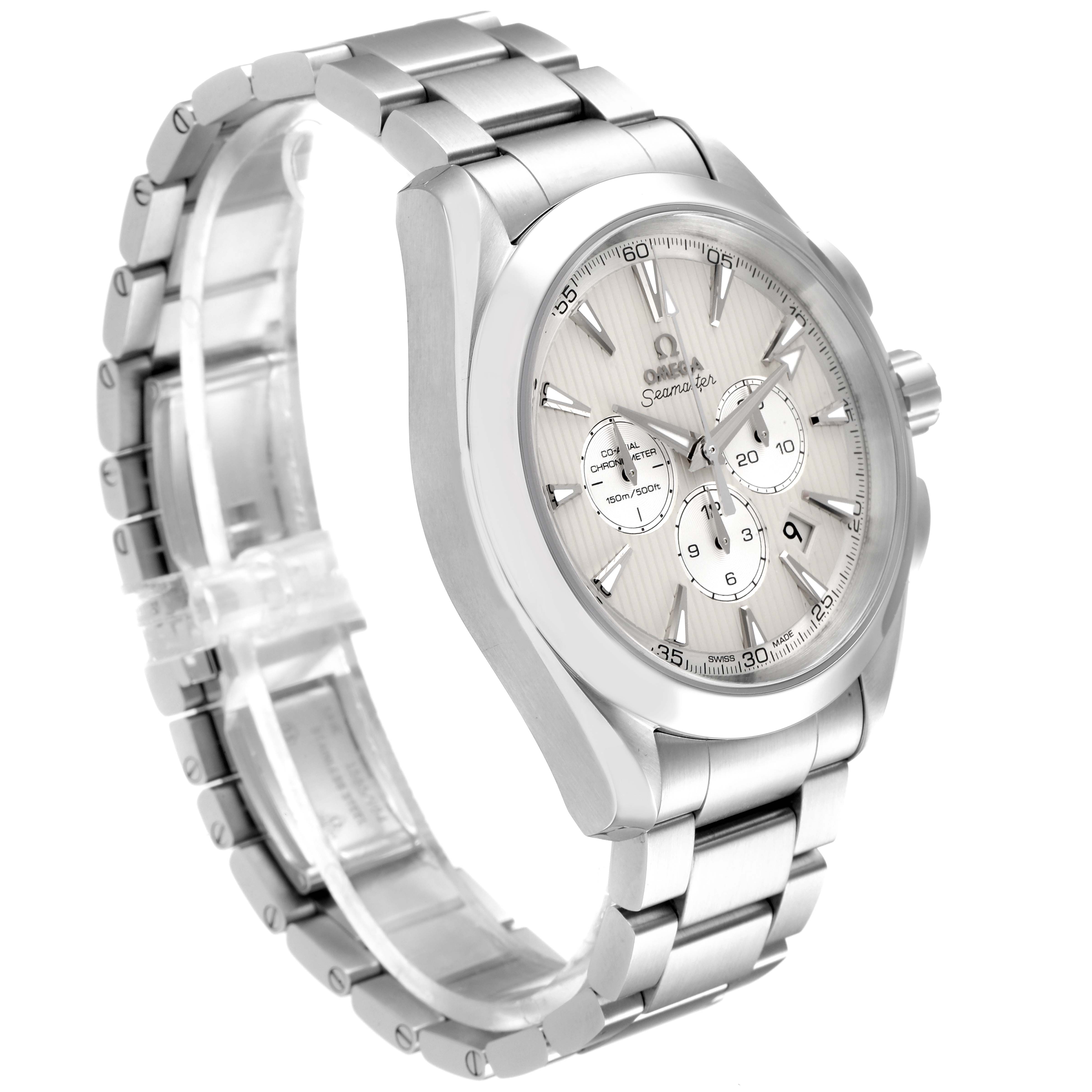 The image shows an Omega Aqua Terra 231.10.44.50.09.001 Men's Stainless Steel White Dial 231.10.44.50.09.001 Men's Stainless Steel White Dial watch at a three-quarter angle, displaying the face, bezel, lugs, and partially extended bracelet.