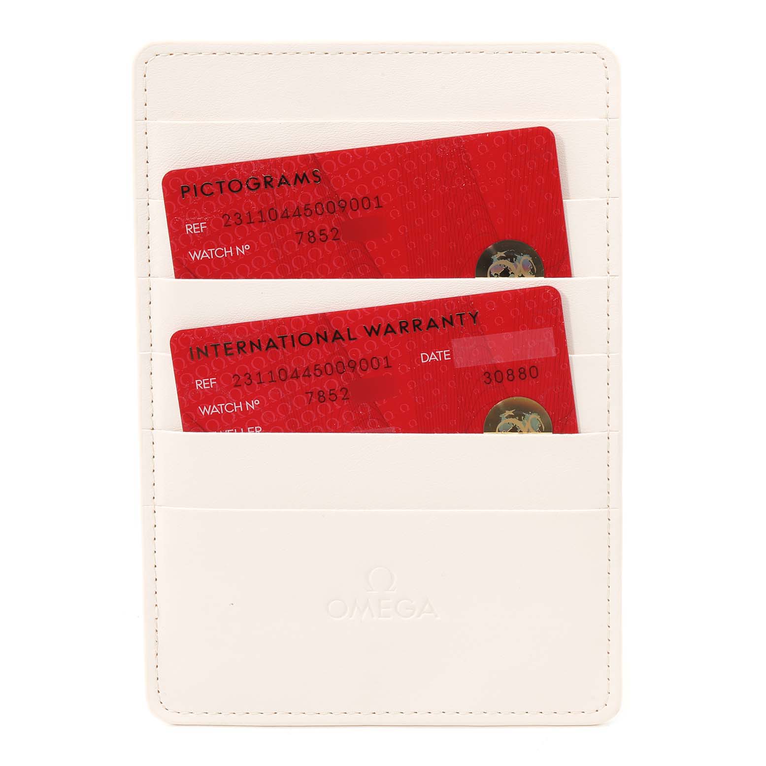 The image shows warranty and pictogram cards in a holder for the Omega Aqua Terra 231.10.44.50.09.001 Men's Stainless Steel White Dial 231.10.44.50.09.001 Men's Stainless Steel White Dial model, viewed from the front.