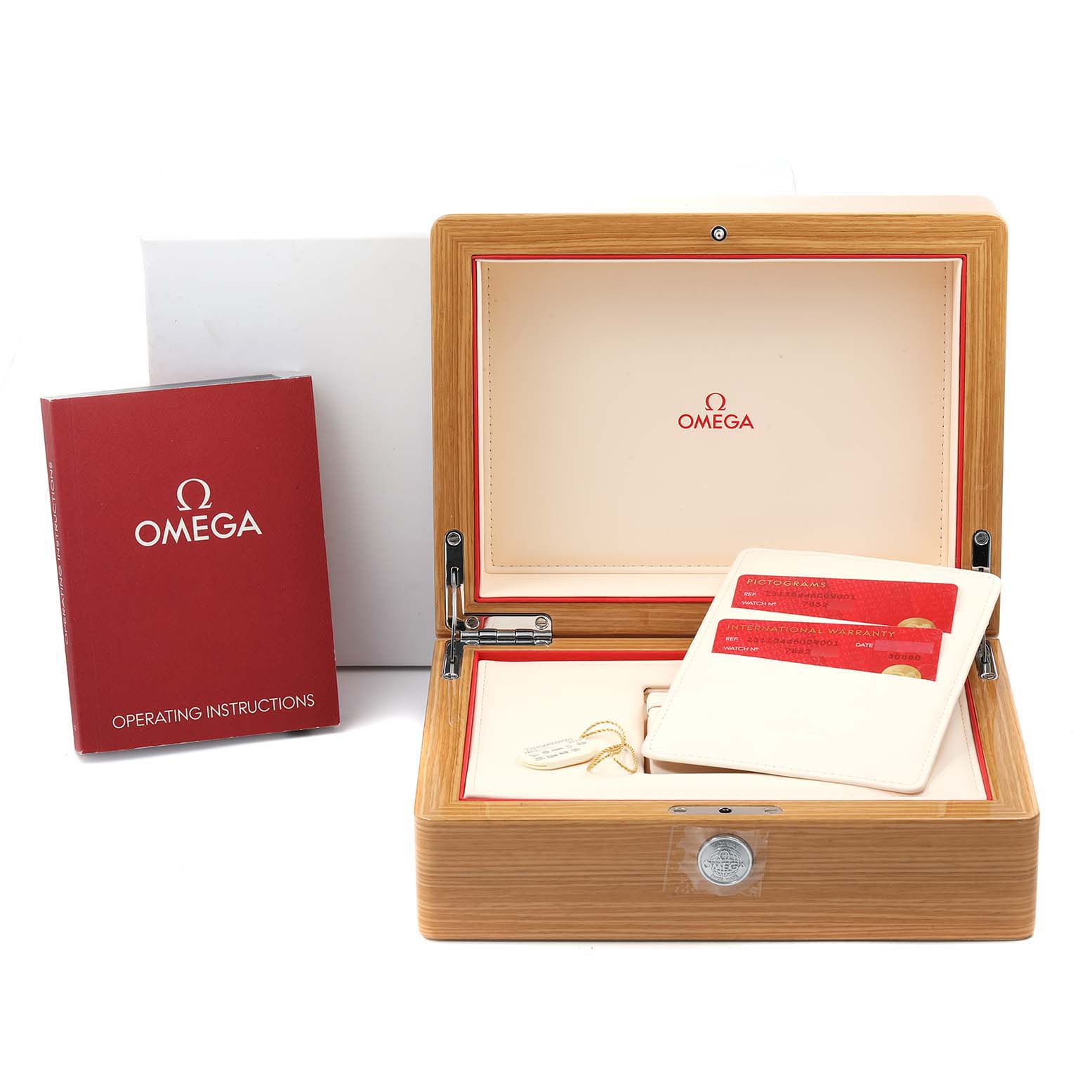 The image displays the packaging and accessories of an Omega Aqua Terra 231.10.44.50.09.001 Men's Stainless Steel White Dial 231.10.44.50.09.001 Men's Stainless Steel White Dial watch, including the box, operating instructions, and warranty cards.