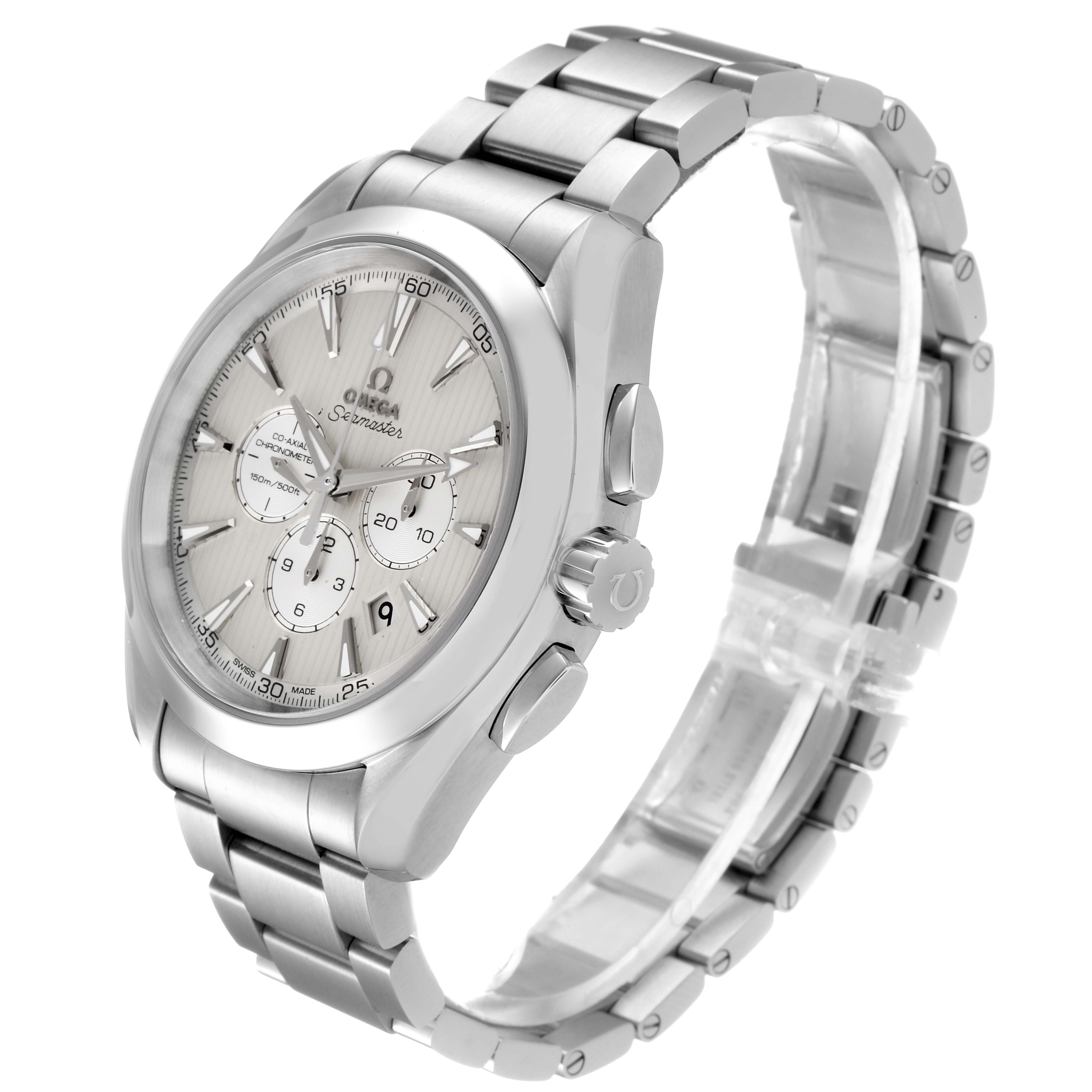 The image shows the Omega Aqua Terra 231.10.44.50.09.001 Men's Stainless Steel White Dial 231.10.44.50.09.001 Men's Stainless Steel White Dial watch angled to display its face, side buttons, and metal bracelet.