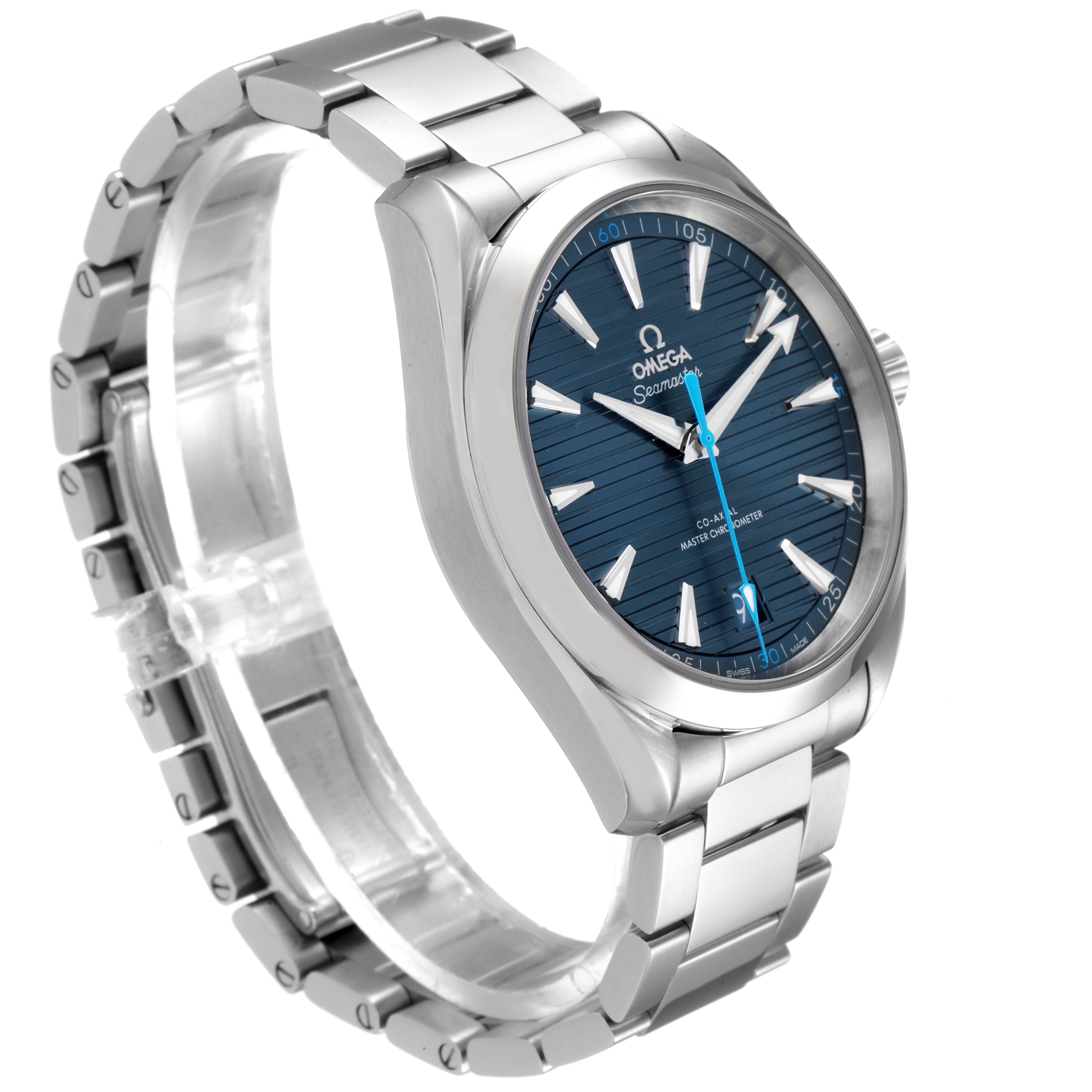 This image shows a side angle of the Omega Aqua Terra 220.10.41.21.03.002 Men
s Stainless Steel Blue Dial 220.10.41.21.03.002 Men
s Stainless Steel Blue Dial watch, highlighting its bezel, dial, bracelet, and crown.