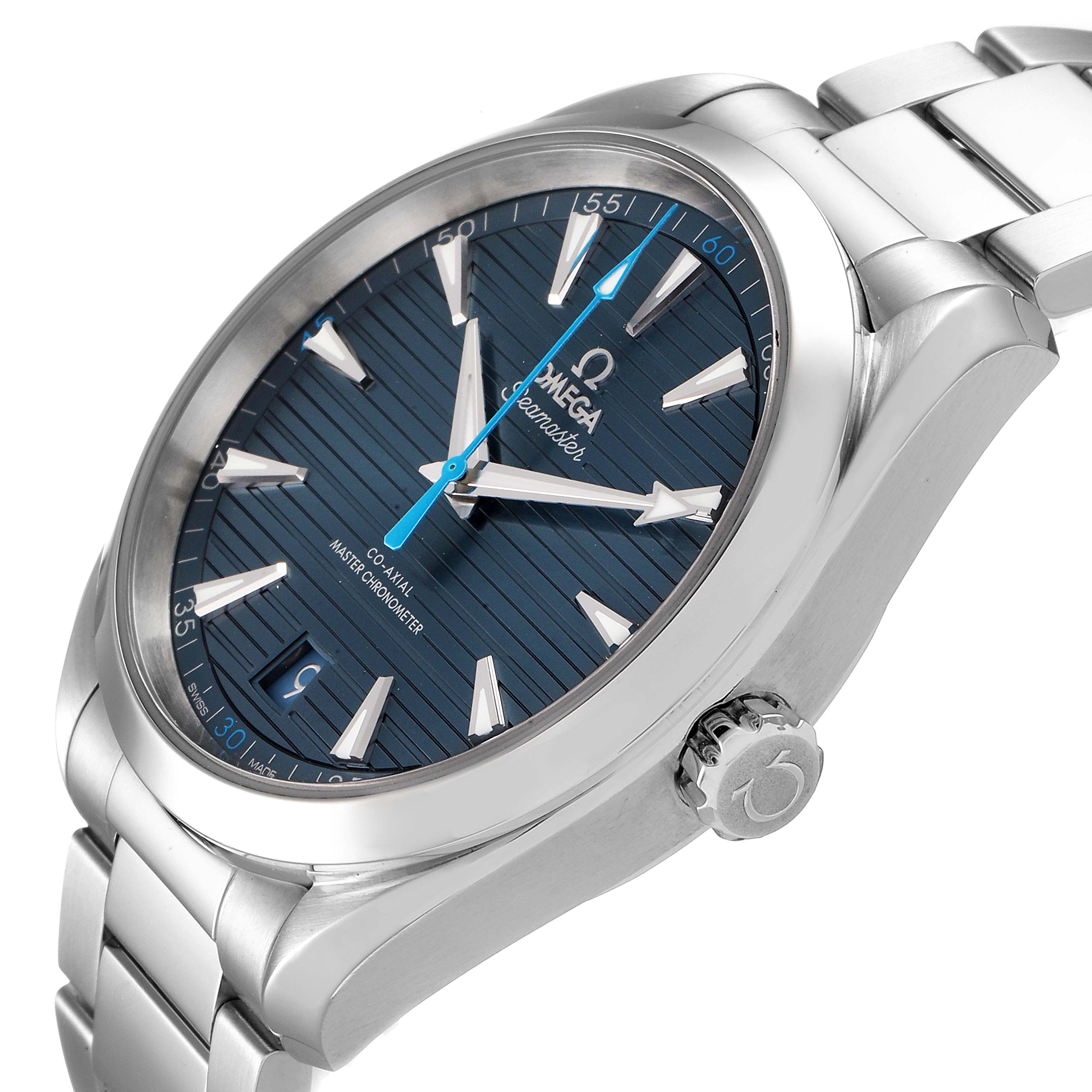 The image shows an Omega Aqua Terra 220.10.41.21.03.002 Men
s Stainless Steel Blue Dial 220.10.41.21.03.002 Men
s Stainless Steel Blue Dial watch with a blue dial, viewed from an angled side perspective.