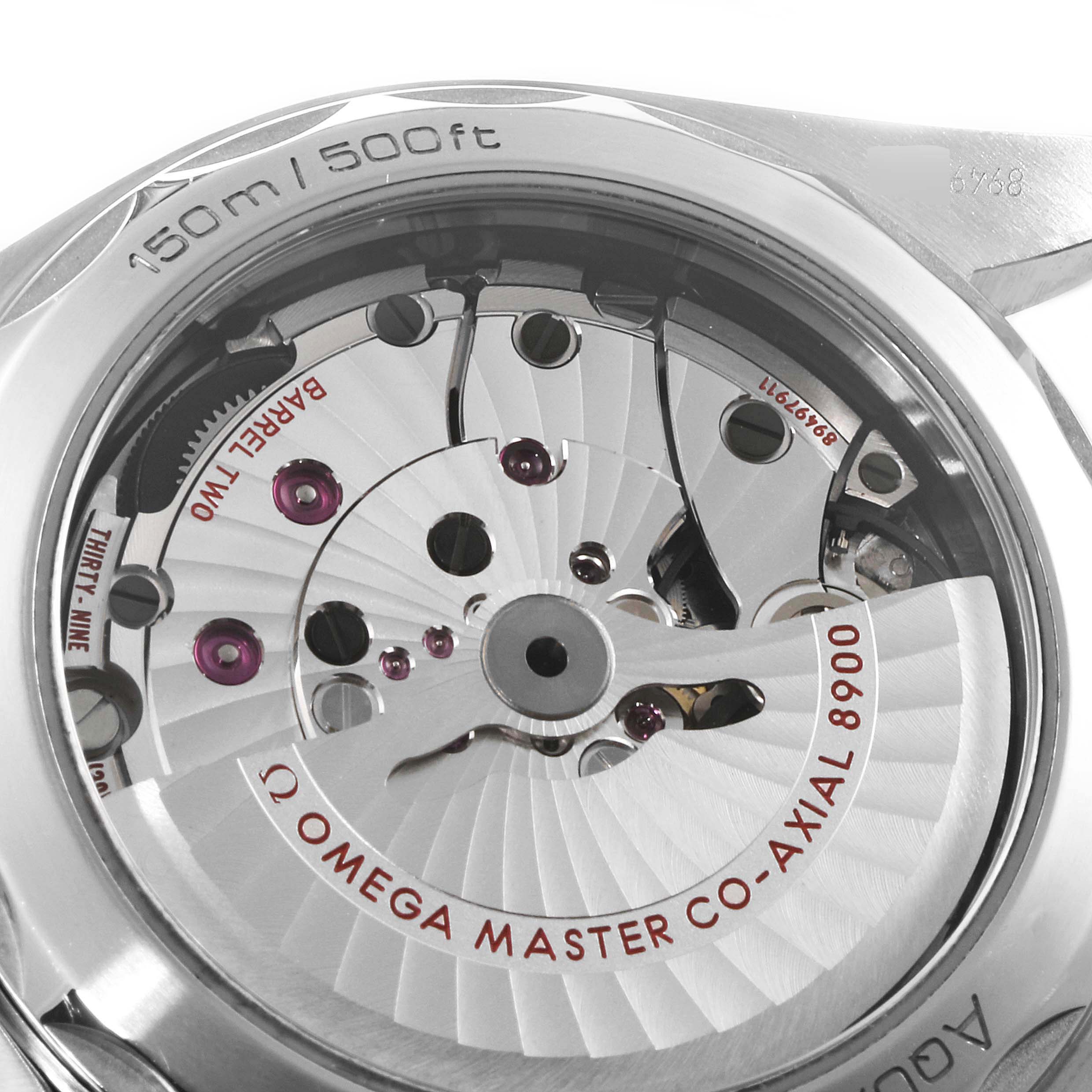 The image shows the back of the Omega Aqua Terra 220.10.41.21.03.002 Men
s Stainless Steel Blue Dial 220.10.41.21.03.002 Men
s Stainless Steel Blue Dial watch, highlighting its Master Co-Axial 8900 movement.