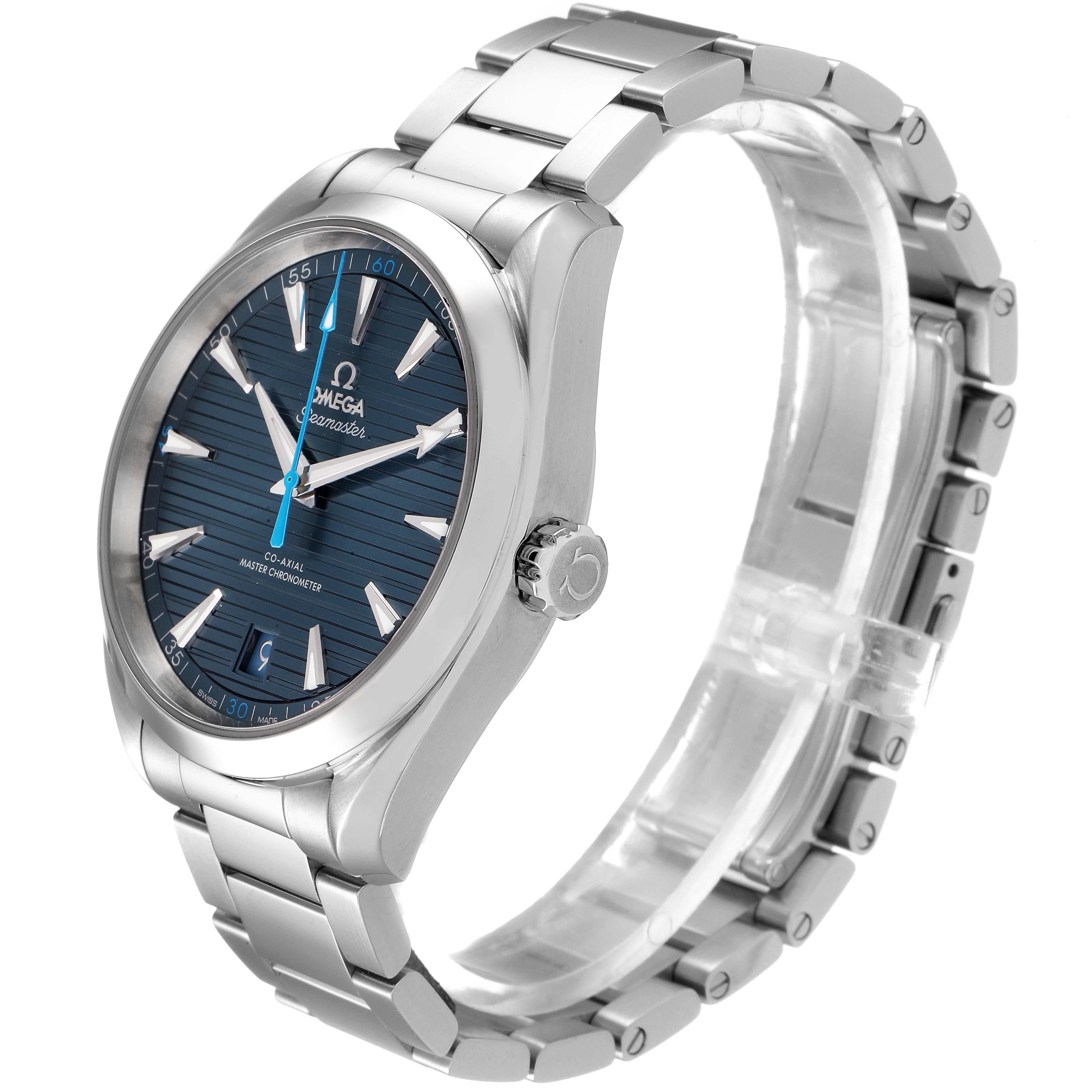 The Omega Aqua Terra 220.10.41.21.03.002 Men
s Stainless Steel Blue Dial 220.10.41.21.03.002 Men
s Stainless Steel Blue Dial watch is shown at an angled side view, displaying its dial, crown, and stainless steel bracelet.