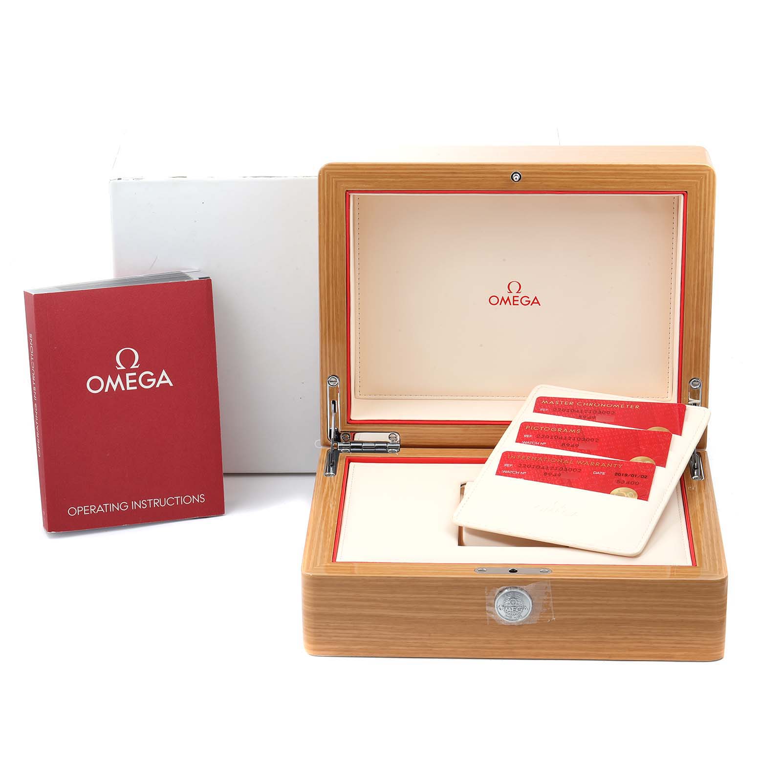 The image shows an Omega Aqua Terra 220.10.41.21.03.002 Men
s Stainless Steel Blue Dial 220.10.41.21.03.002 Men
s Stainless Steel Blue Dial watch box, operating instructions booklet, and warranty cards.