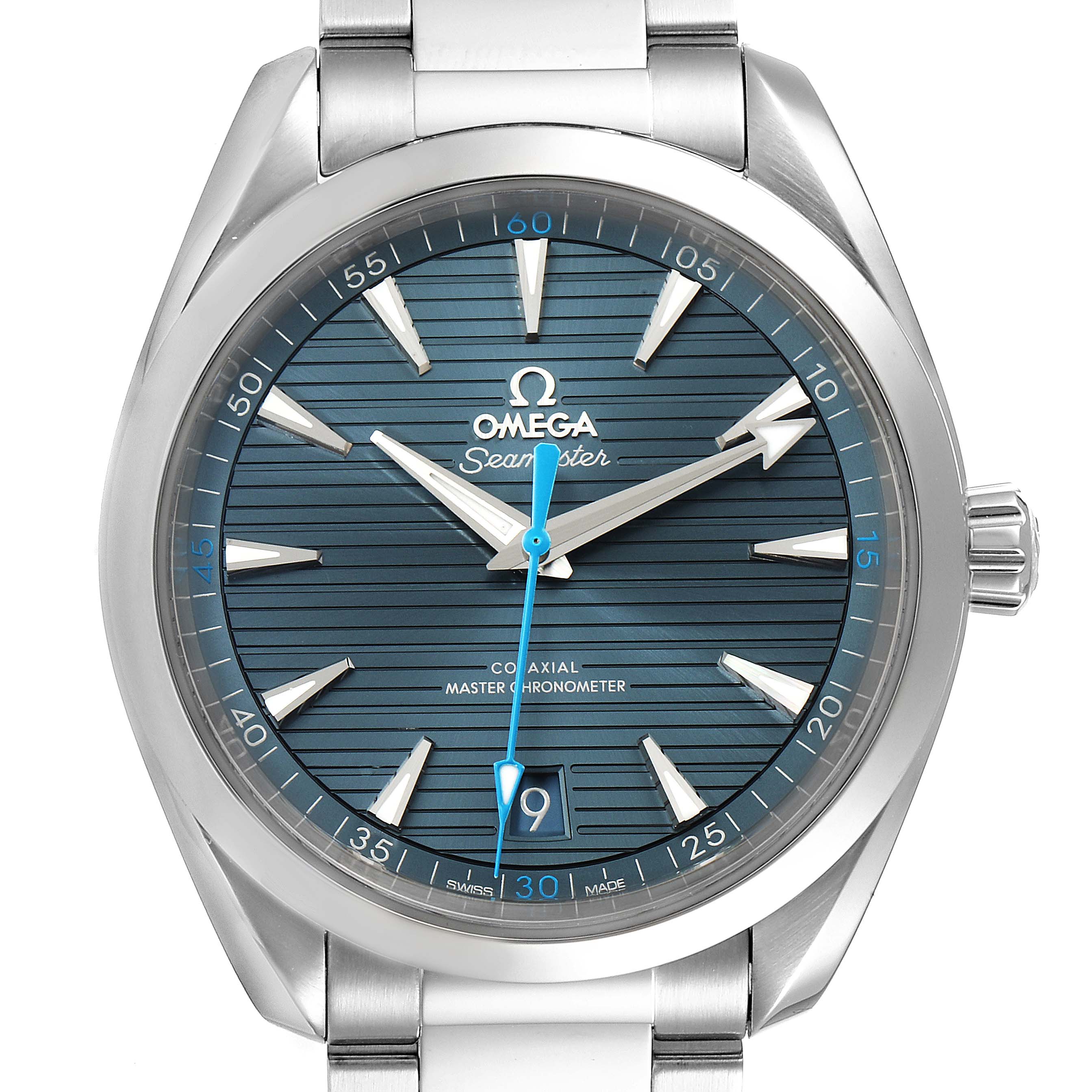 The image shows a frontal view of the Omega Aqua Terra 220.10.41.21.03.002 Men
s Stainless Steel Blue Dial 220.10.41.21.03.002 Men
s Stainless Steel Blue Dial watch, highlighting its dial, hands, bezel, and crown.