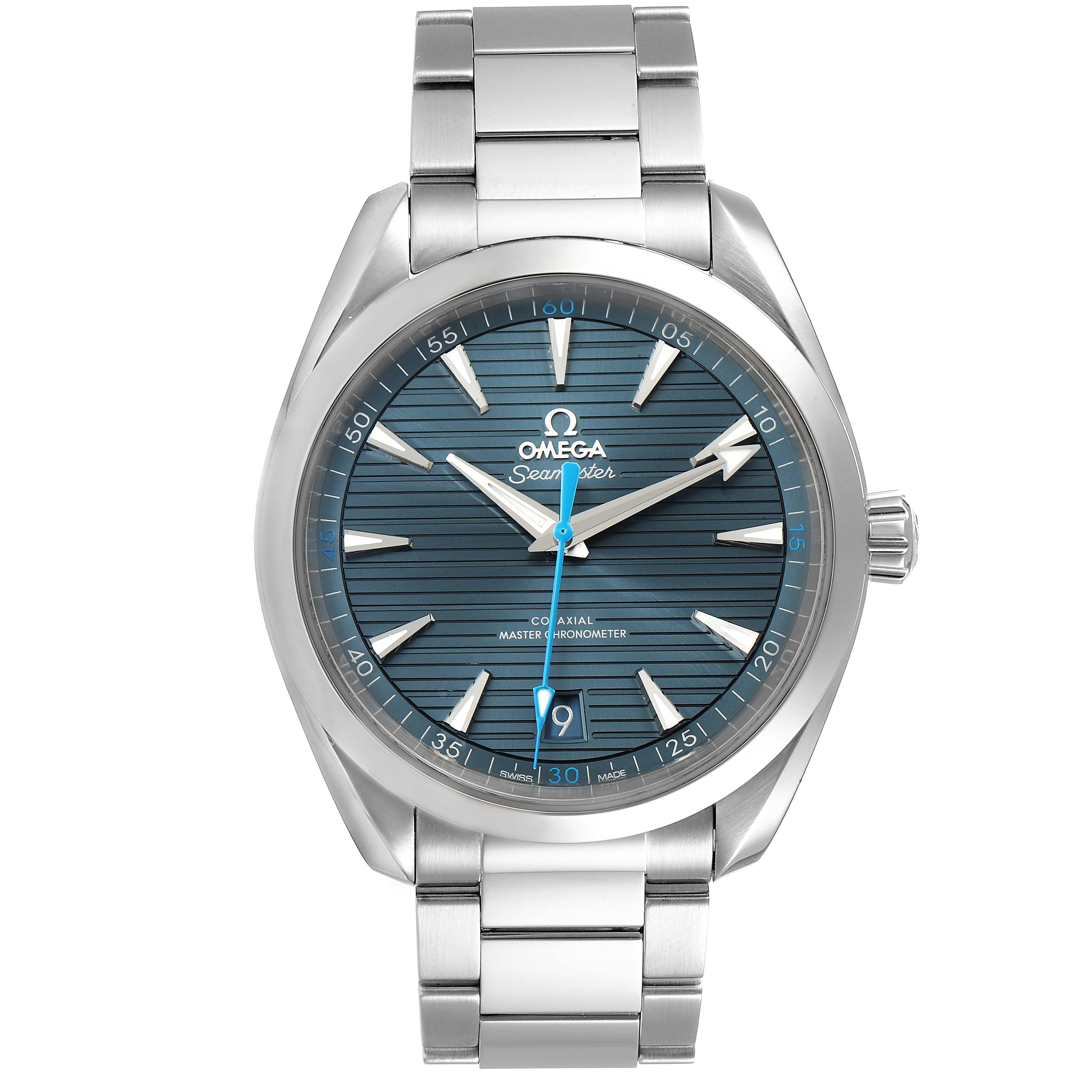 The image shows a frontal view of the Omega Aqua Terra 220.10.41.21.03.002 Men
s Stainless Steel Blue Dial 220.10.41.21.03.002 Men
s Stainless Steel Blue Dial watch, highlighting the dial, hands, bezel, crown, and bracelet.