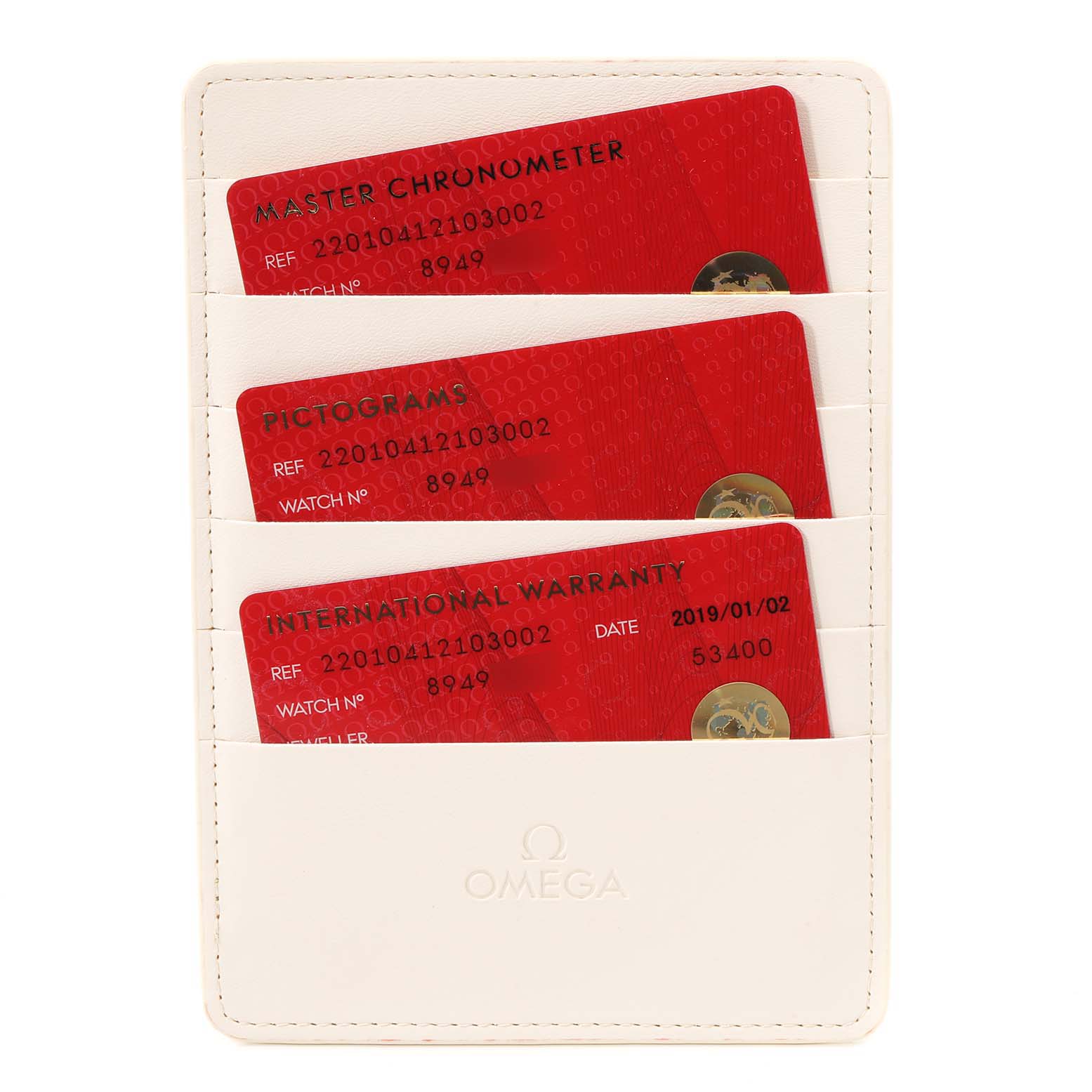 The image shows three red cards (Master Chronometer, Pictograms, and International Warranty) for the Omega Aqua Terra 220.10.41.21.03.002 Men
s Stainless Steel Blue Dial 220.10.41.21.03.002 Men
s Stainless Steel Blue Dial model in a white cardholder.