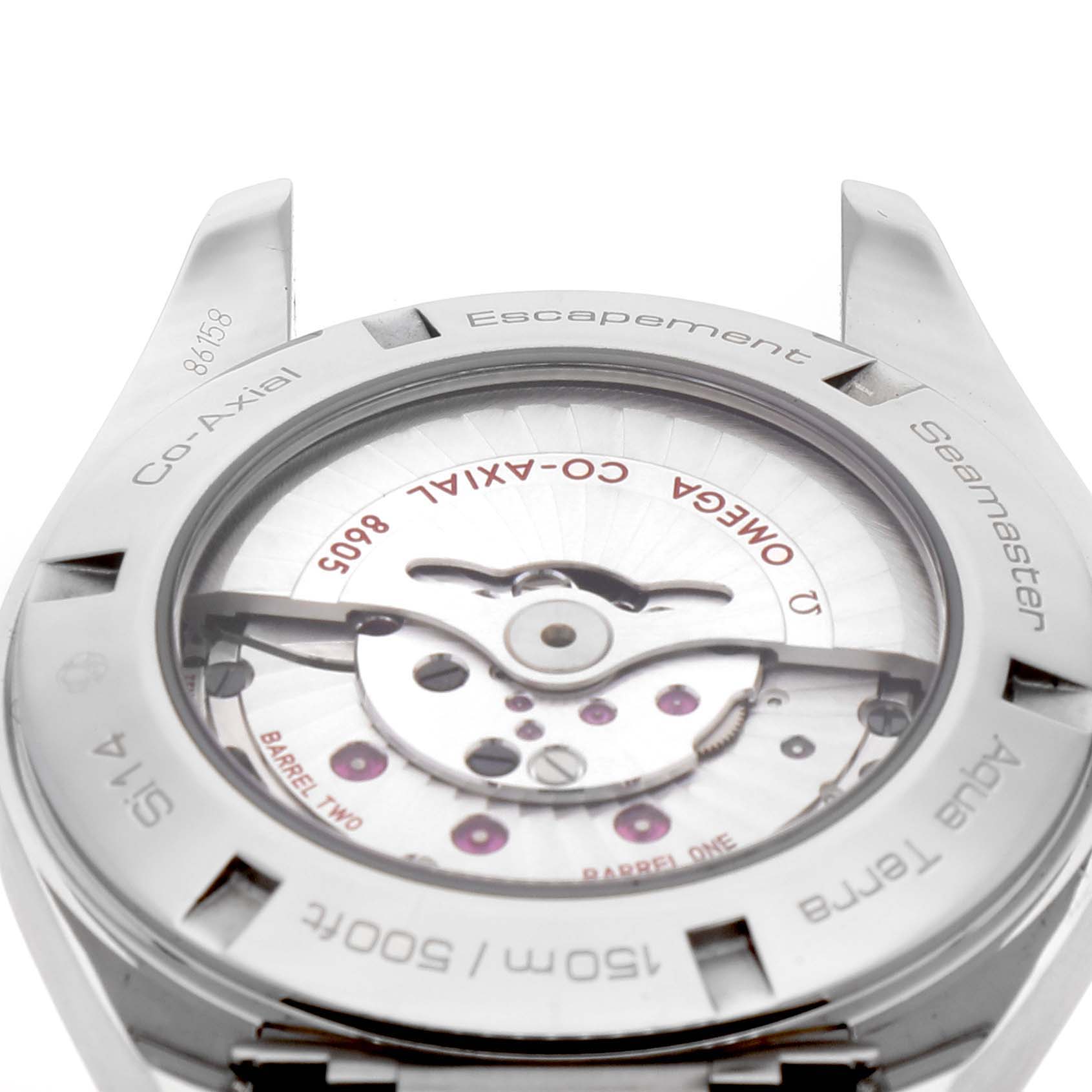 This image shows the back view of the Omega Aqua Terra 231.10.43.22.01.001 Men's Stainless Steel Black Dial 231.10.43.22.01.001 Men's Stainless Steel Black Dial model, highlighting its Co-Axial escapement and movement details.