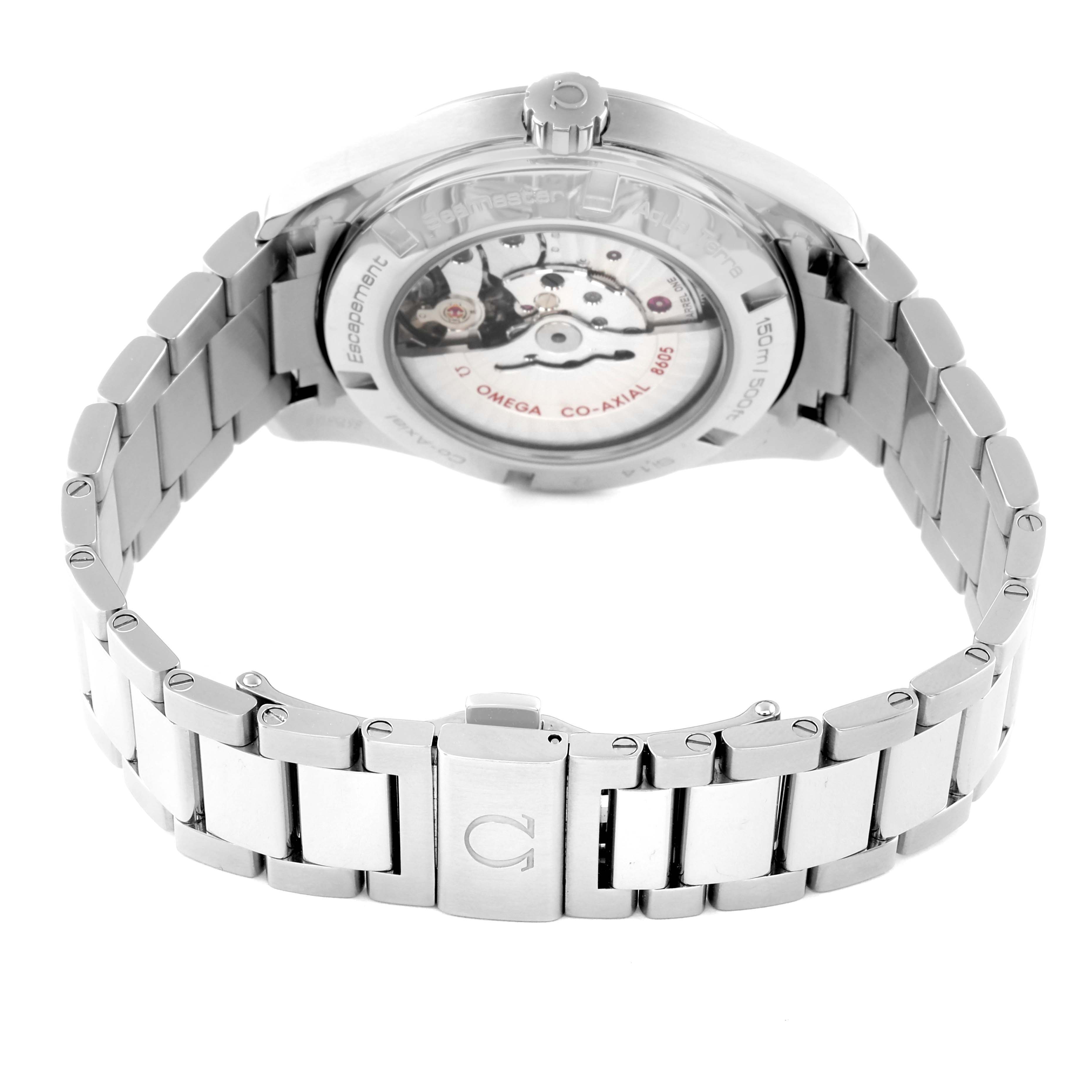 This image shows the back view of an Omega Aqua Terra 231.10.43.22.01.001 Men's Stainless Steel Black Dial 231.10.43.22.01.001 Men's Stainless Steel Black Dial watch, highlighting the bracelet and the exposed mechanism.