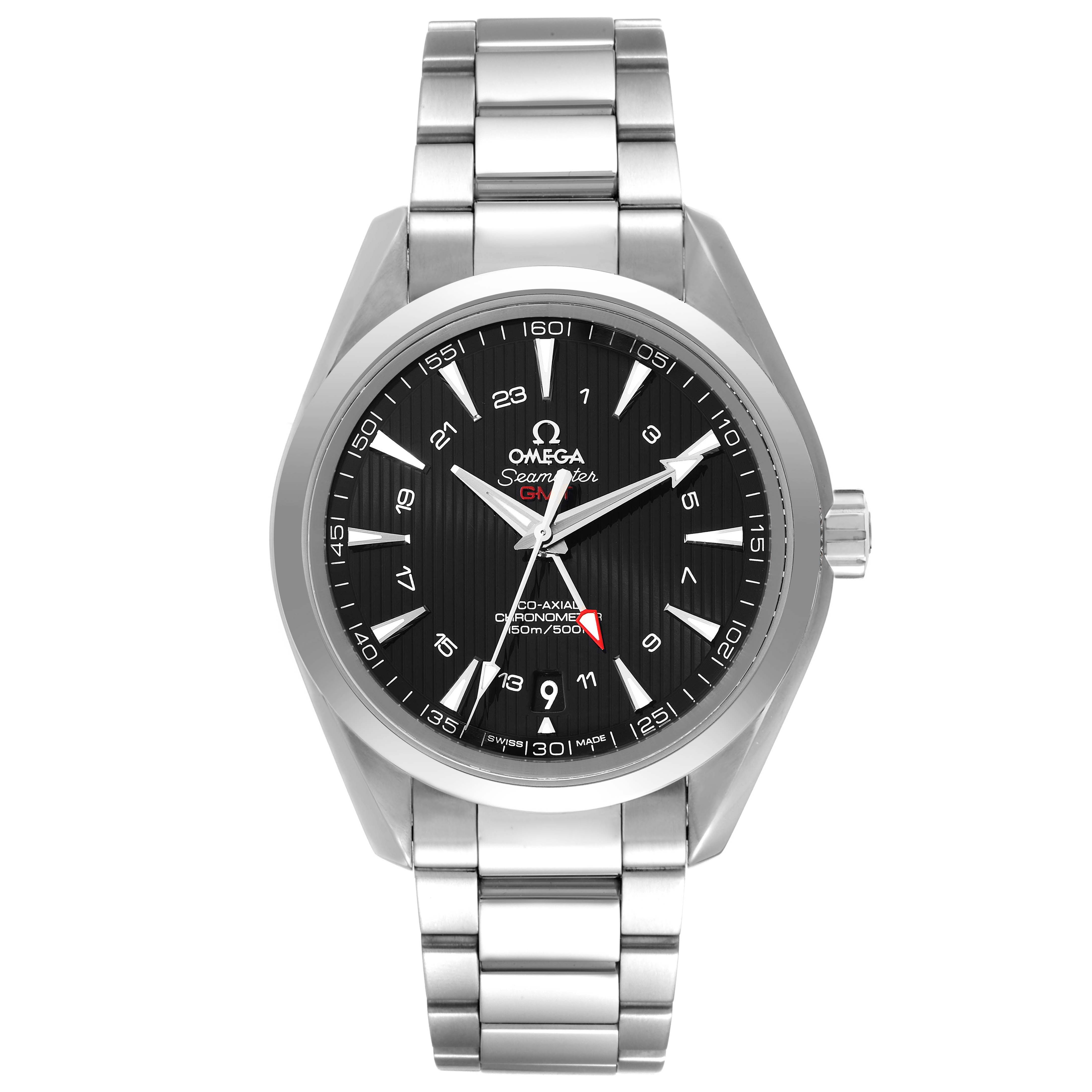 The Omega Aqua Terra 231.10.43.22.01.001 Men's Stainless Steel Black Dial 231.10.43.22.01.001 Men's Stainless Steel Black Dial watch is shown from a front angle, highlighting its dial, bezel, case, and bracelet.