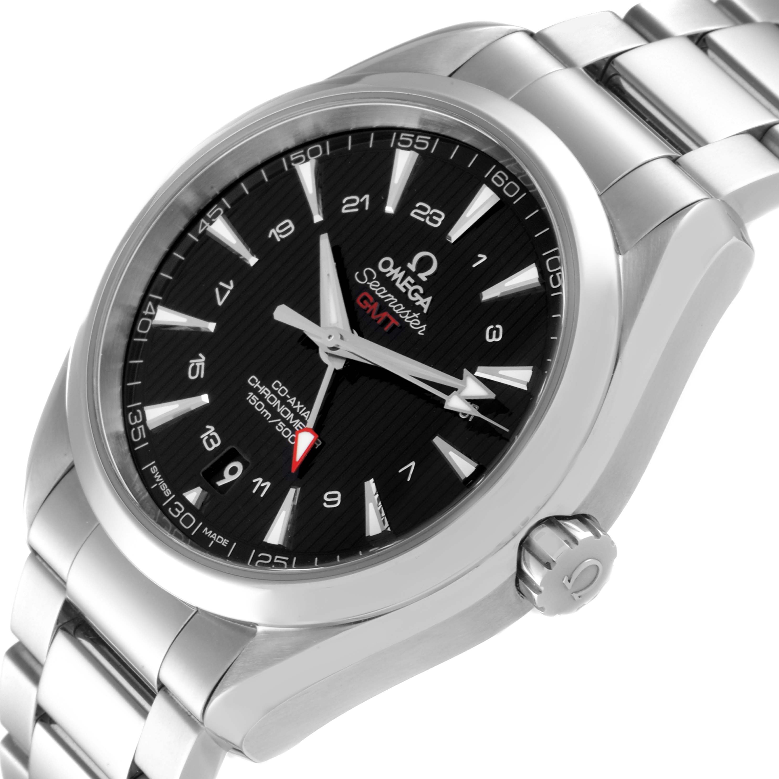 The image shows an Omega Aqua Terra 231.10.43.22.01.001 Men's Stainless Steel Black Dial 231.10.43.22.01.001 Men's Stainless Steel Black Dial Seamaster watch from an angled perspective, highlighting the face, hands, crown, and metal bracelet.