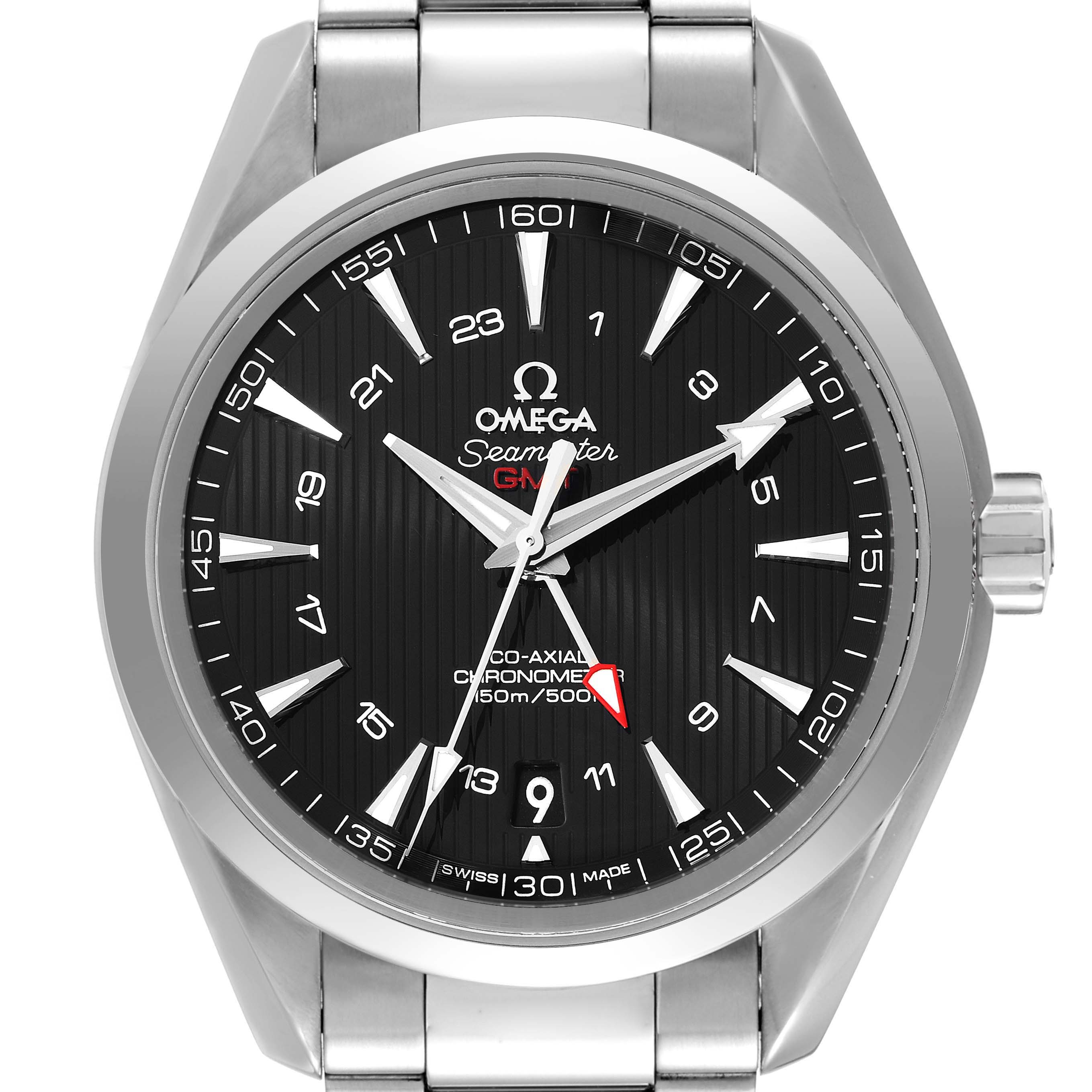 The Omega Aqua Terra 231.10.43.22.01.001 Men's Stainless Steel Black Dial 231.10.43.22.01.001 Men's Stainless Steel Black Dial watch is shown from a front angle, displaying the face, hour markers, hands, and part of the metal bracelet.