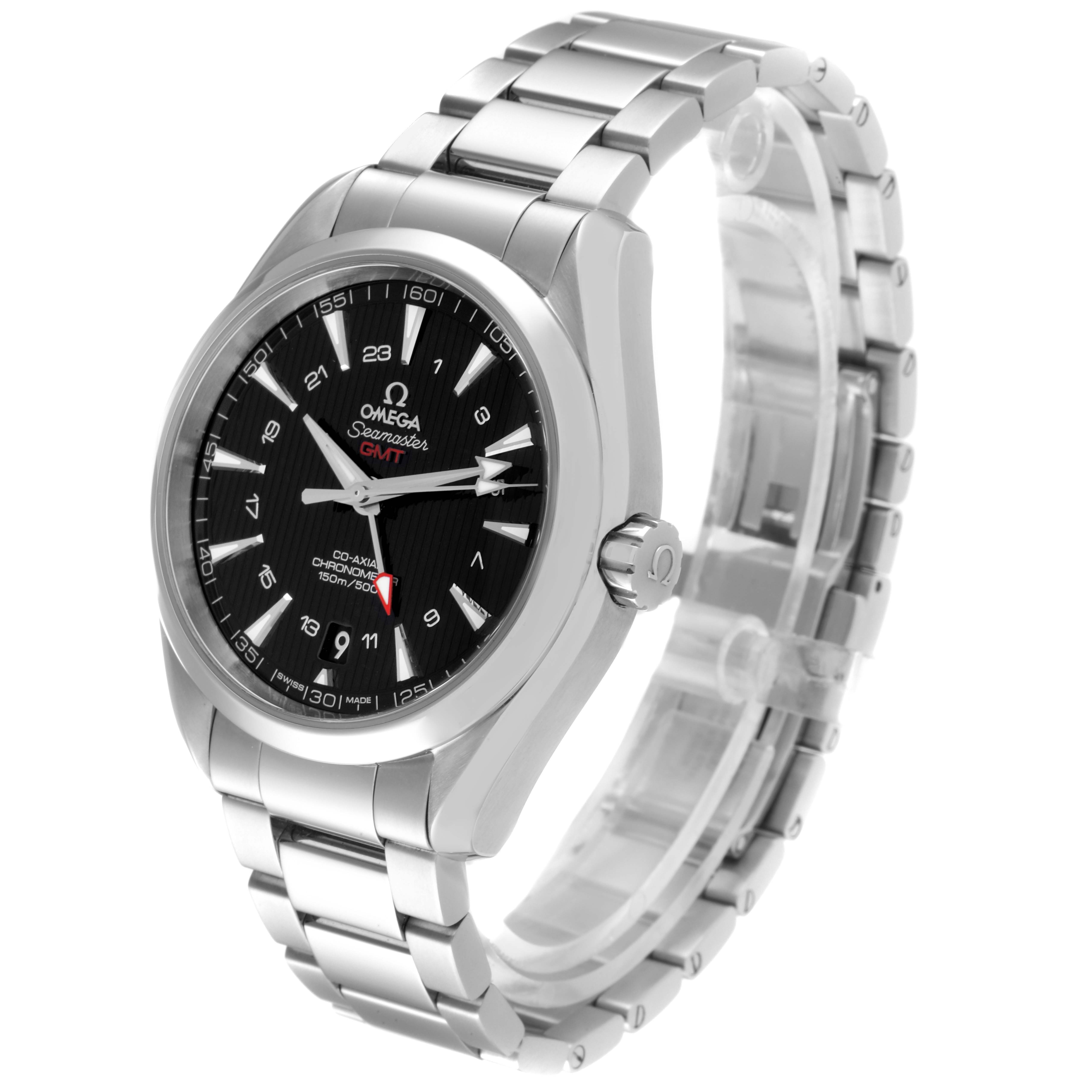 The Omega Aqua Terra 231.10.43.22.01.001 Men's Stainless Steel Black Dial 231.10.43.22.01.001 Men's Stainless Steel Black Dial watch is shown at a slight angle, displaying its face, bezel, crown, and metal bracelet.