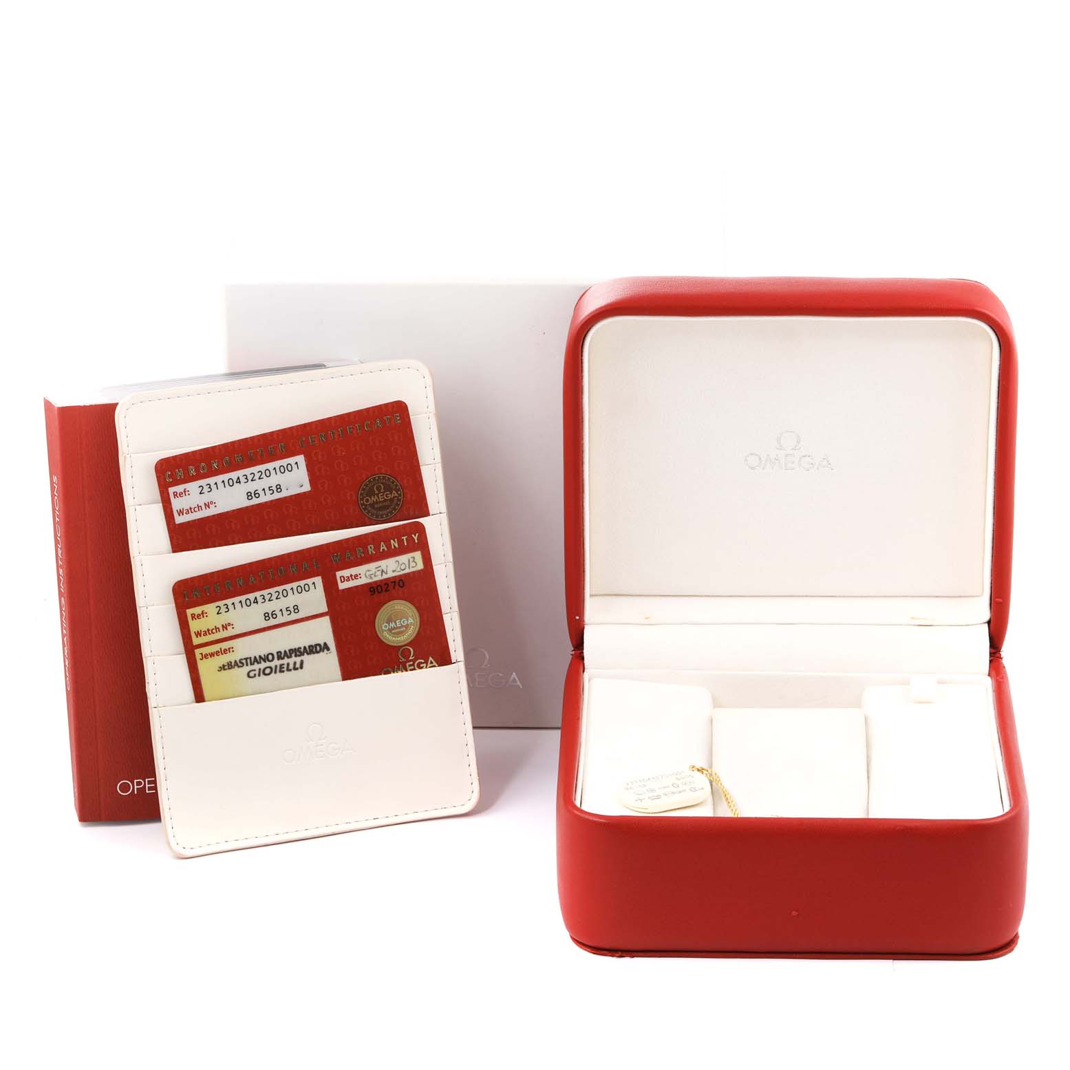 This image shows the packaging, warranty cards, and an empty watch box for the Omega Aqua Terra 231.10.43.22.01.001 Men's Stainless Steel Black Dial 231.10.43.22.01.001 Men's Stainless Steel Black Dial model.