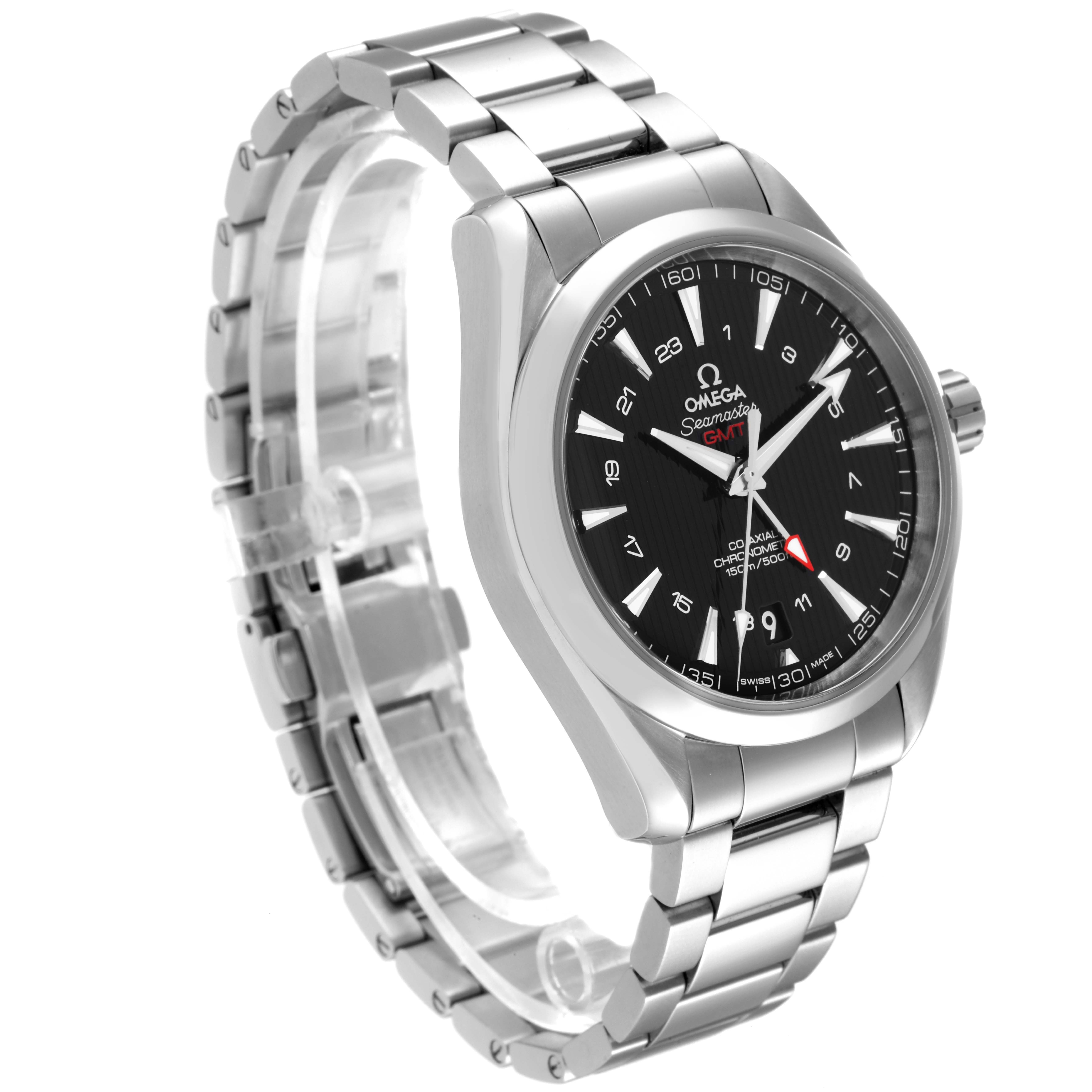 The image shows an angled view of the Omega Aqua Terra 231.10.43.22.01.001 Men's Stainless Steel Black Dial 231.10.43.22.01.001 Men's Stainless Steel Black Dial watch, highlighting the face, dial, and stainless steel bracelet.