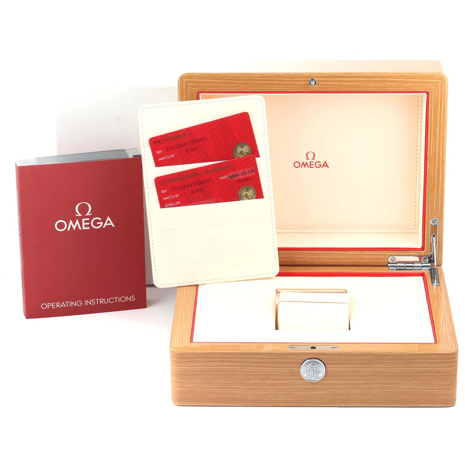 The image shows the box, user manual, and warranty cards for the Omega Aqua Terra 231.10.43.22.03.001 Men
s Stainless Steel Blue Dial 231.10.43.22.03.001 Men
s Stainless Steel Blue Dial watch.