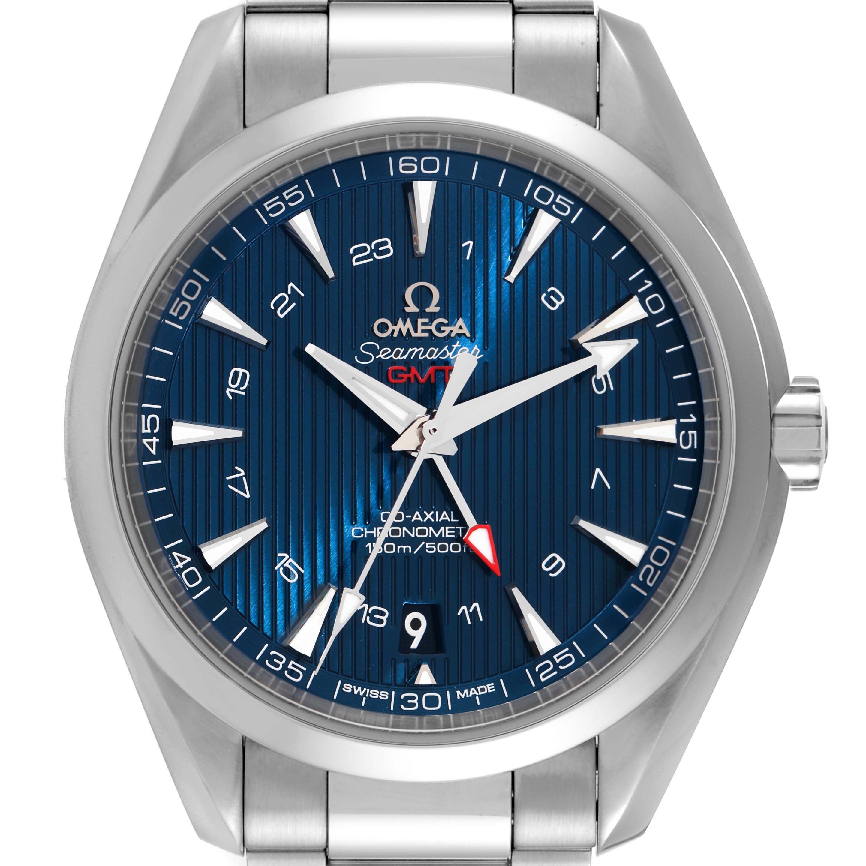 The image shows a front view of the Omega Aqua Terra 231.10.43.22.03.001 Men
s Stainless Steel Blue Dial 231.10.43.22.03.001 Men
s Stainless Steel Blue Dial Seamaster GMT watch, displaying the dial, hands, and bezel.