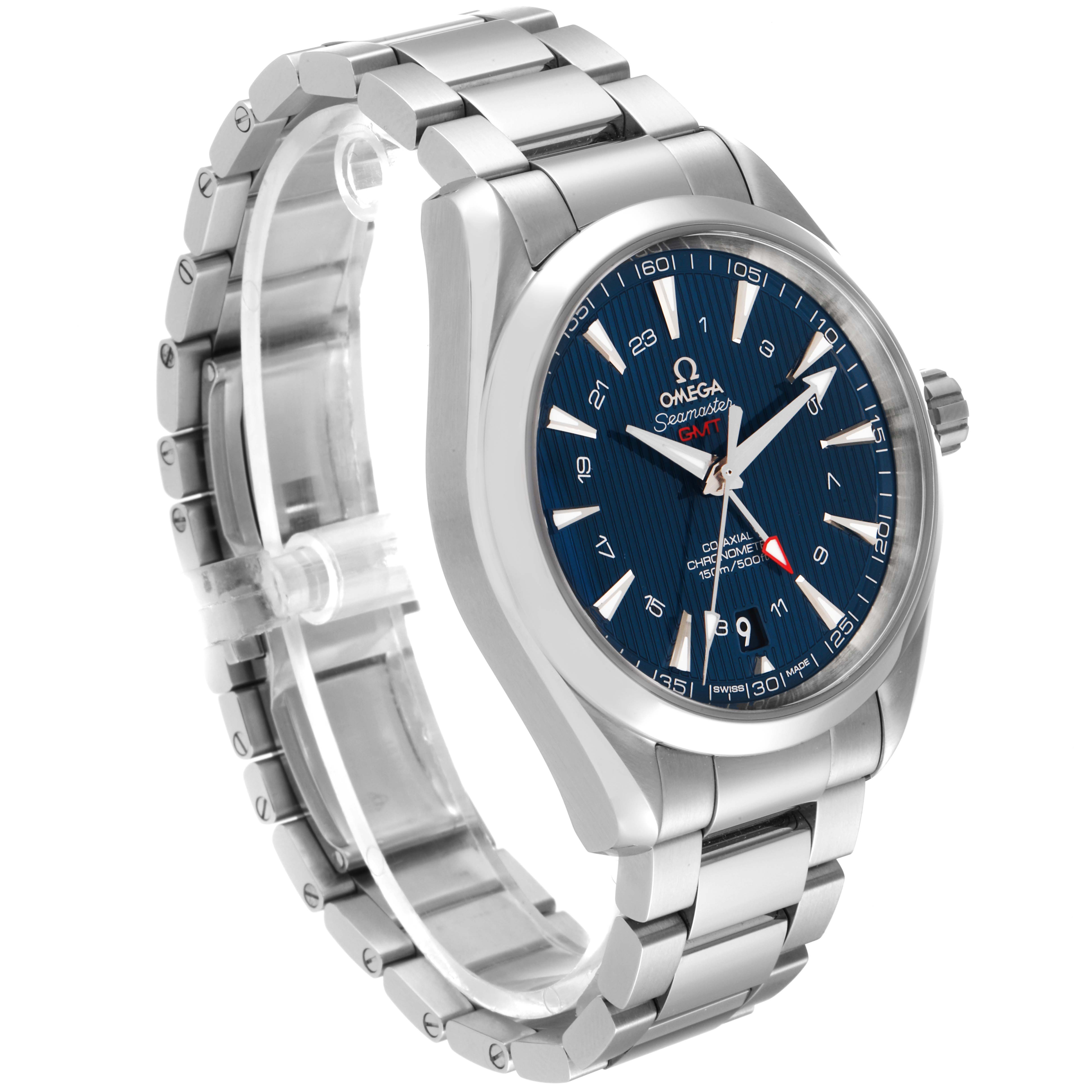The Omega Aqua Terra 231.10.43.22.03.001 Men
s Stainless Steel Blue Dial 231.10.43.22.03.001 Men
s Stainless Steel Blue Dial watch is shown at an angle, displaying its stainless steel bracelet, case, and blue dial.