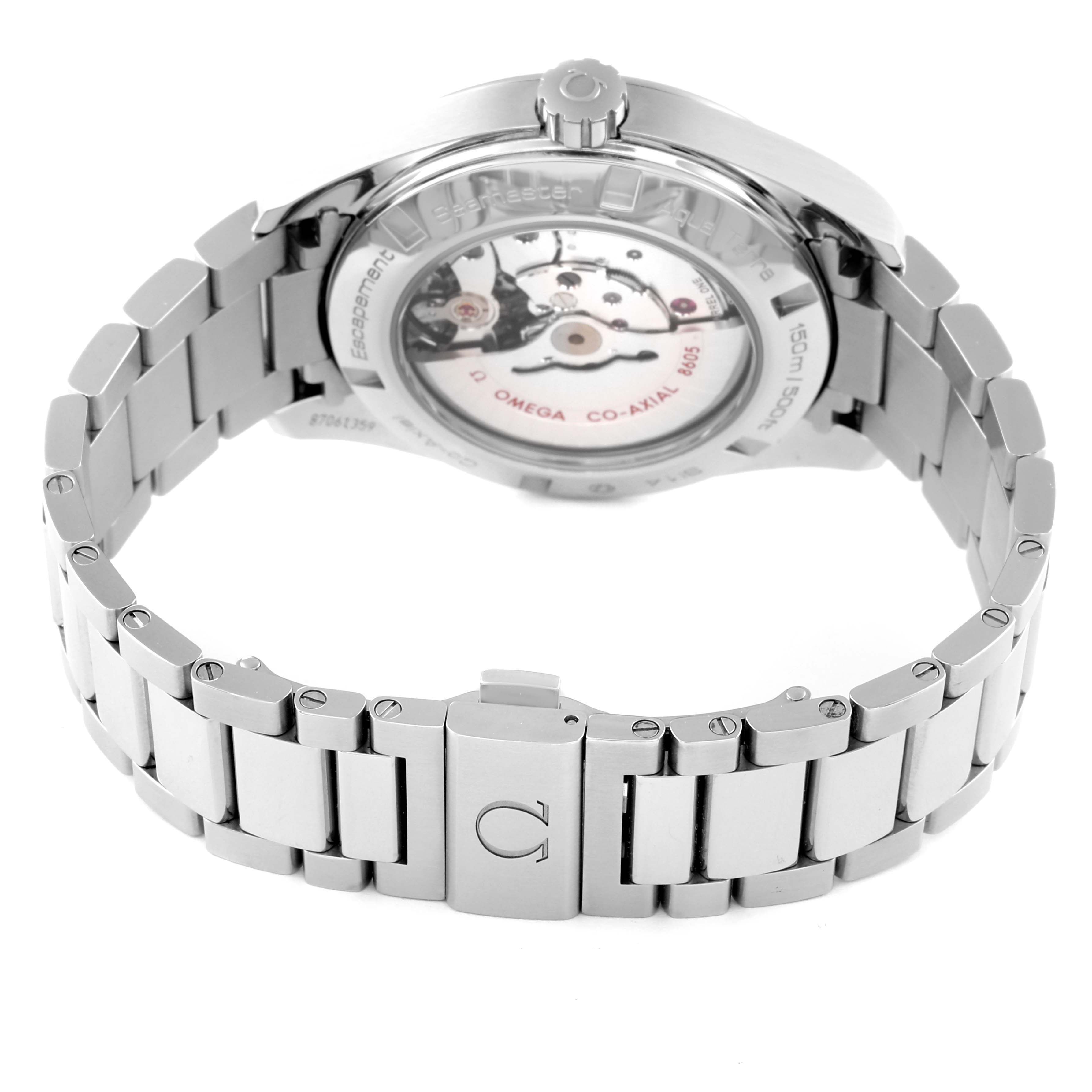 The image shows the back angle of the Omega Aqua Terra 231.10.43.22.03.001 Men
s Stainless Steel Blue Dial 231.10.43.22.03.001 Men
s Stainless Steel Blue Dial watch, highlighting its bracelet, clasp, and transparent case back.