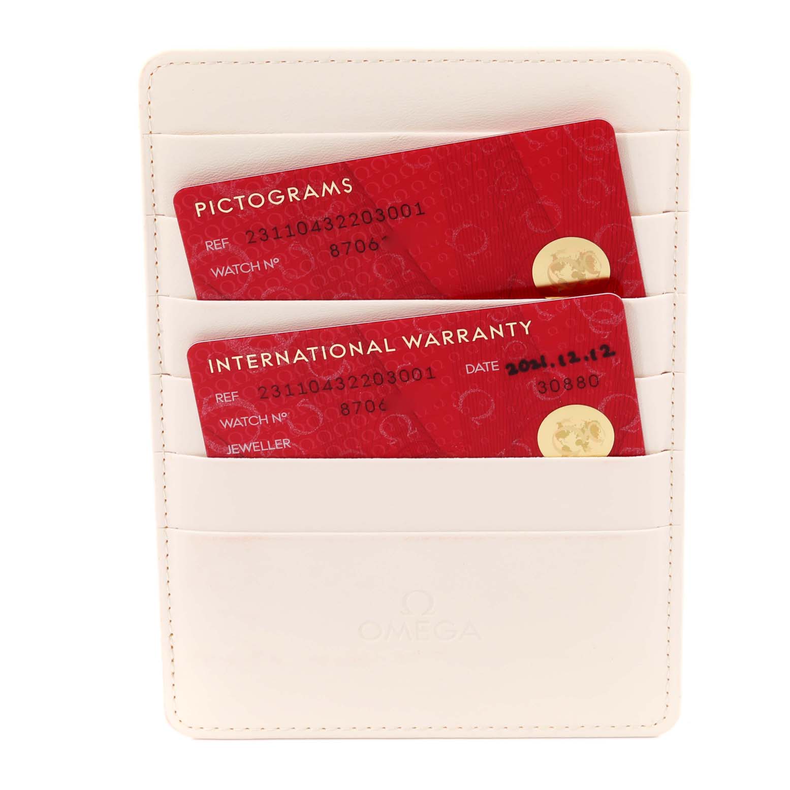 The image shows Pictograms and International Warranty cards in a holder for the Omega Aqua Terra 231.10.43.22.03.001 Men
s Stainless Steel Blue Dial 231.10.43.22.03.001 Men
s Stainless Steel Blue Dial model.