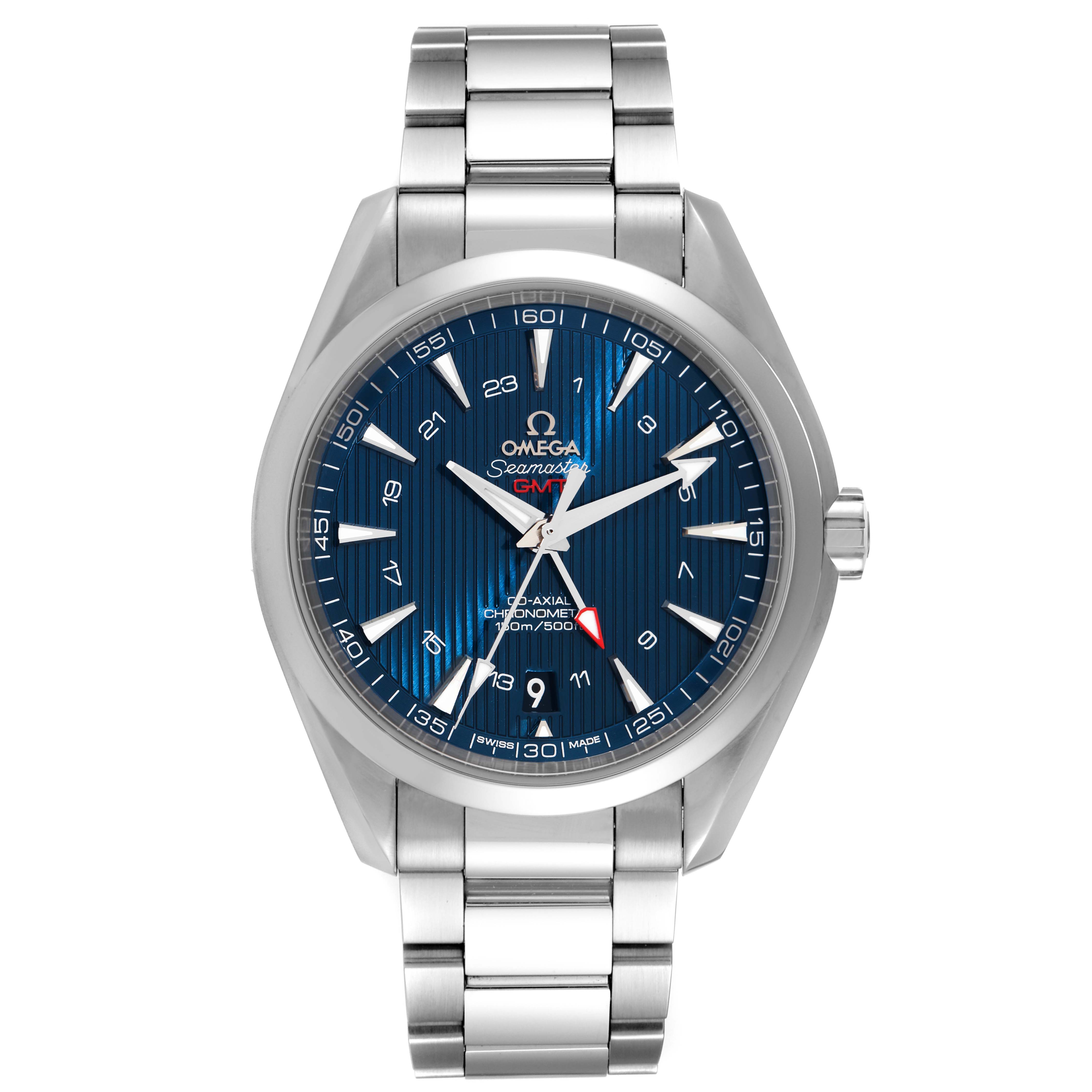 The image shows a front view of the Omega Aqua Terra 231.10.43.22.03.001 Men
s Stainless Steel Blue Dial 231.10.43.22.03.001 Men
s Stainless Steel Blue Dial watch, highlighting its face, bezel, crown, and bracelet.