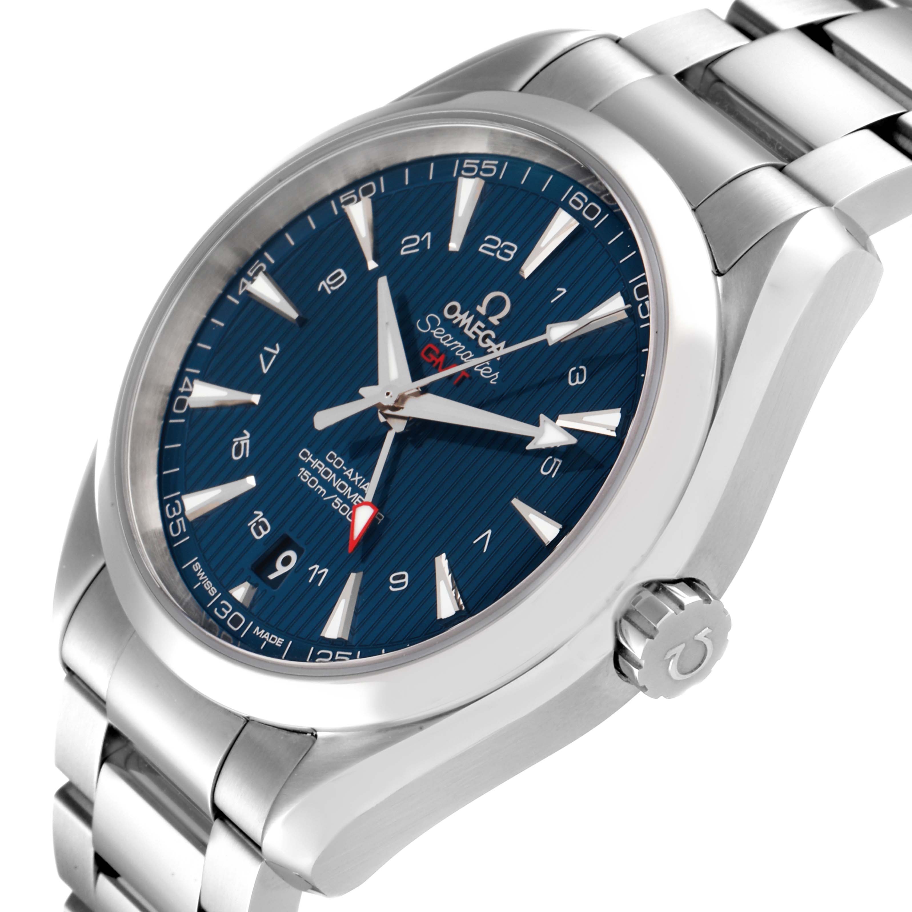 The image shows a close-up angled view of the Omega Aqua Terra 231.10.43.22.03.001 Men
s Stainless Steel Blue Dial 231.10.43.22.03.001 Men
s Stainless Steel Blue Dial watch, displaying the dial, bezel, crown, and part of the bracelet.