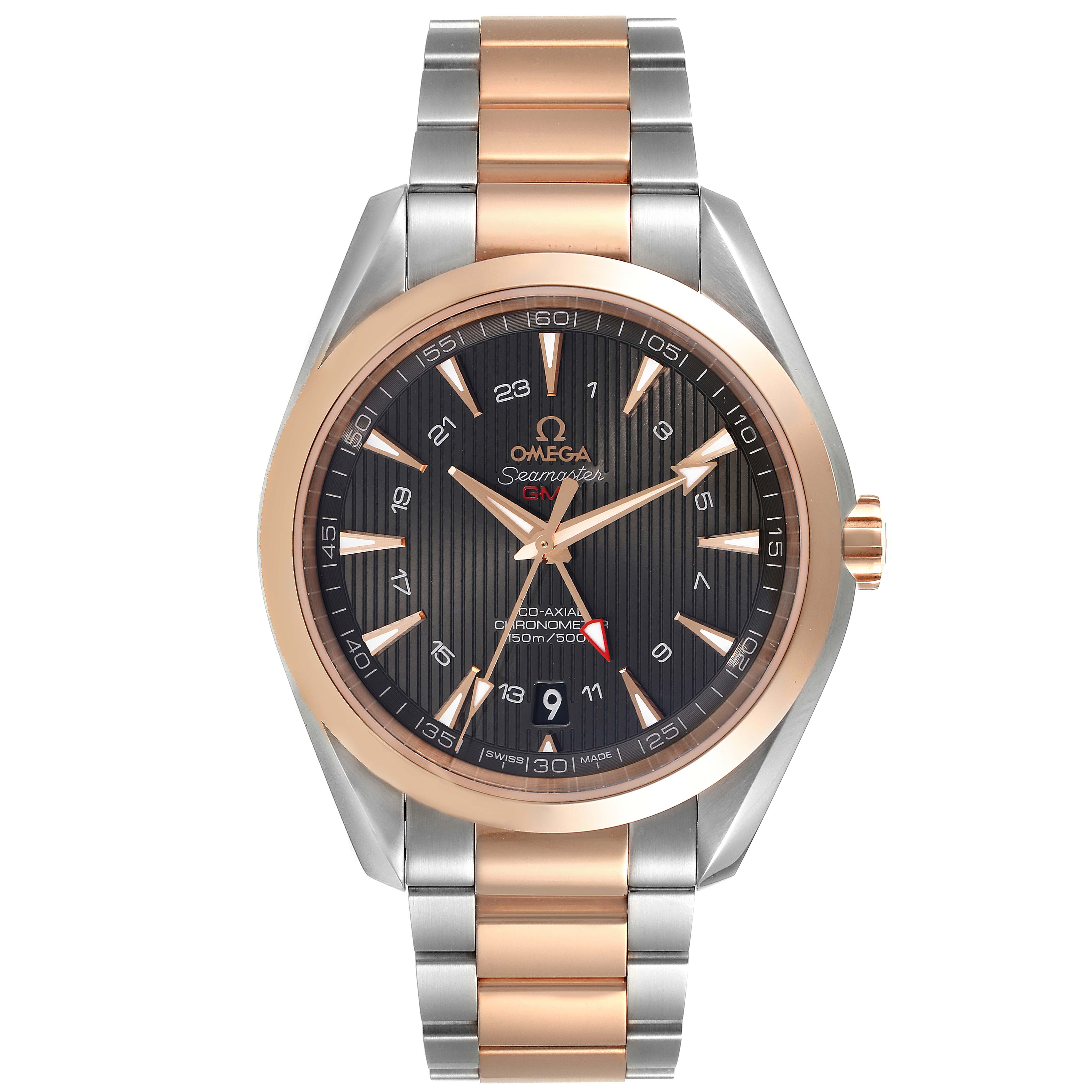 This Omega Aqua Terra 231.20.43.22.06.003 Men's Steel and Gold (two tone) Grey Dial 231.20.43.22.06.003 Men's Steel and Gold (two tone) Grey Dial watch is shown from the front, displaying the dial, bezel, crown, and two-tone bracelet.