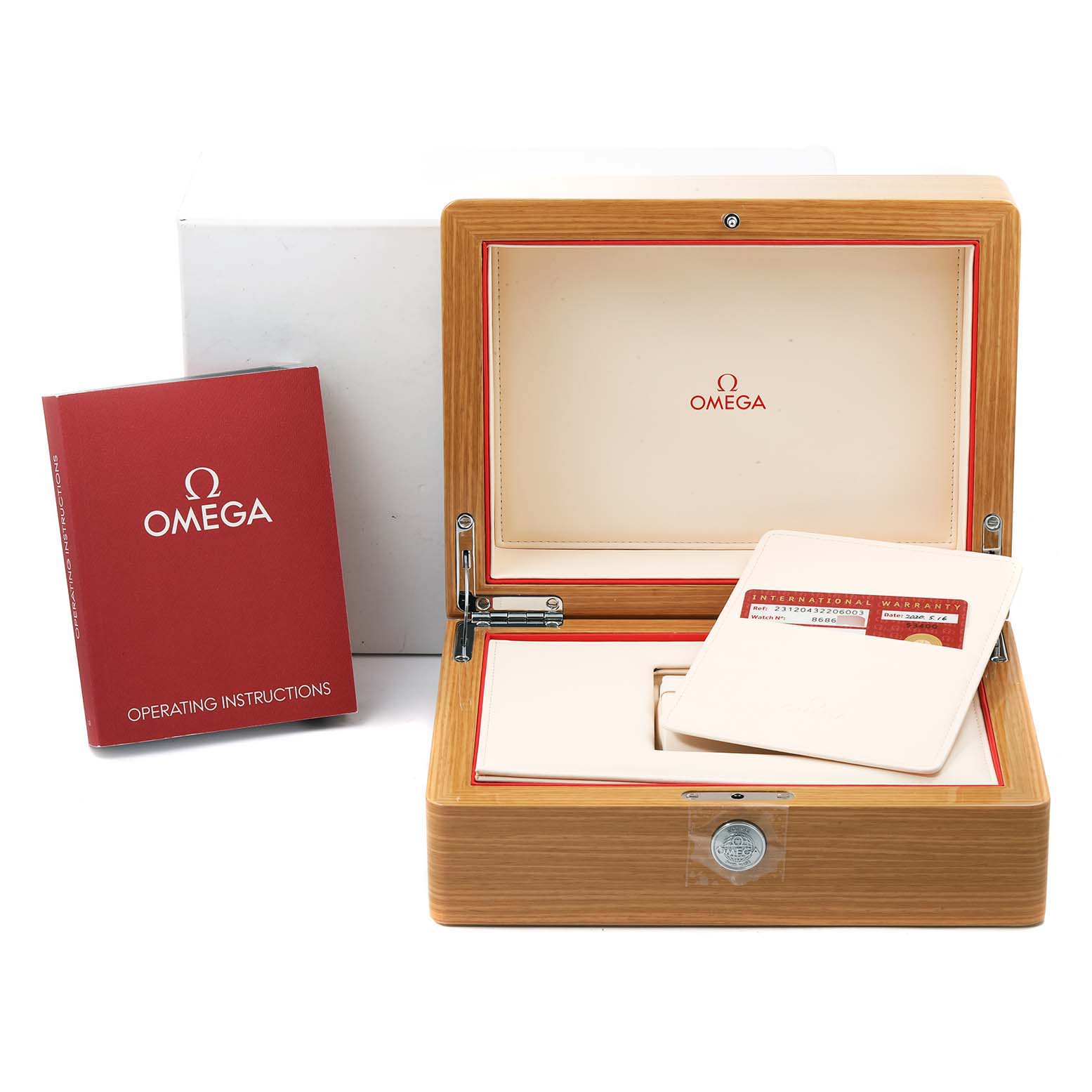 The image shows the packaging accessories of an Omega Aqua Terra 231.20.43.22.06.003 Men's Steel and Gold (two tone) Grey Dial 231.20.43.22.06.003 Men's Steel and Gold (two tone) Grey Dial watch, including its box, warranty card, and operating instructions.