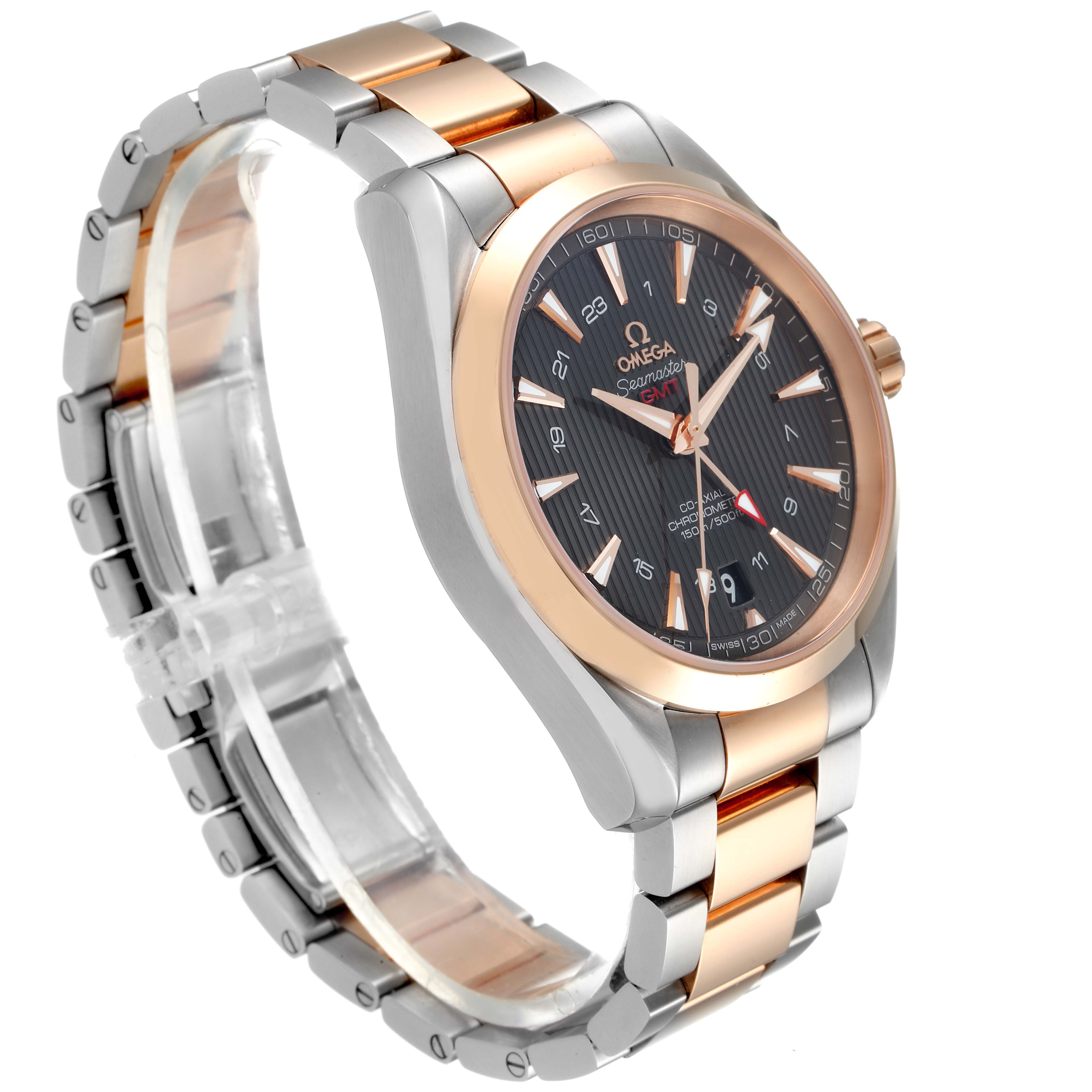 The image shows an Omega Aqua Terra 231.20.43.22.06.003 Men's Steel and Gold (two tone) Grey Dial 231.20.43.22.06.003 Men's Steel and Gold (two tone) Grey Dial watch at an angled side view featuring the bracelet, casing, and watch face.