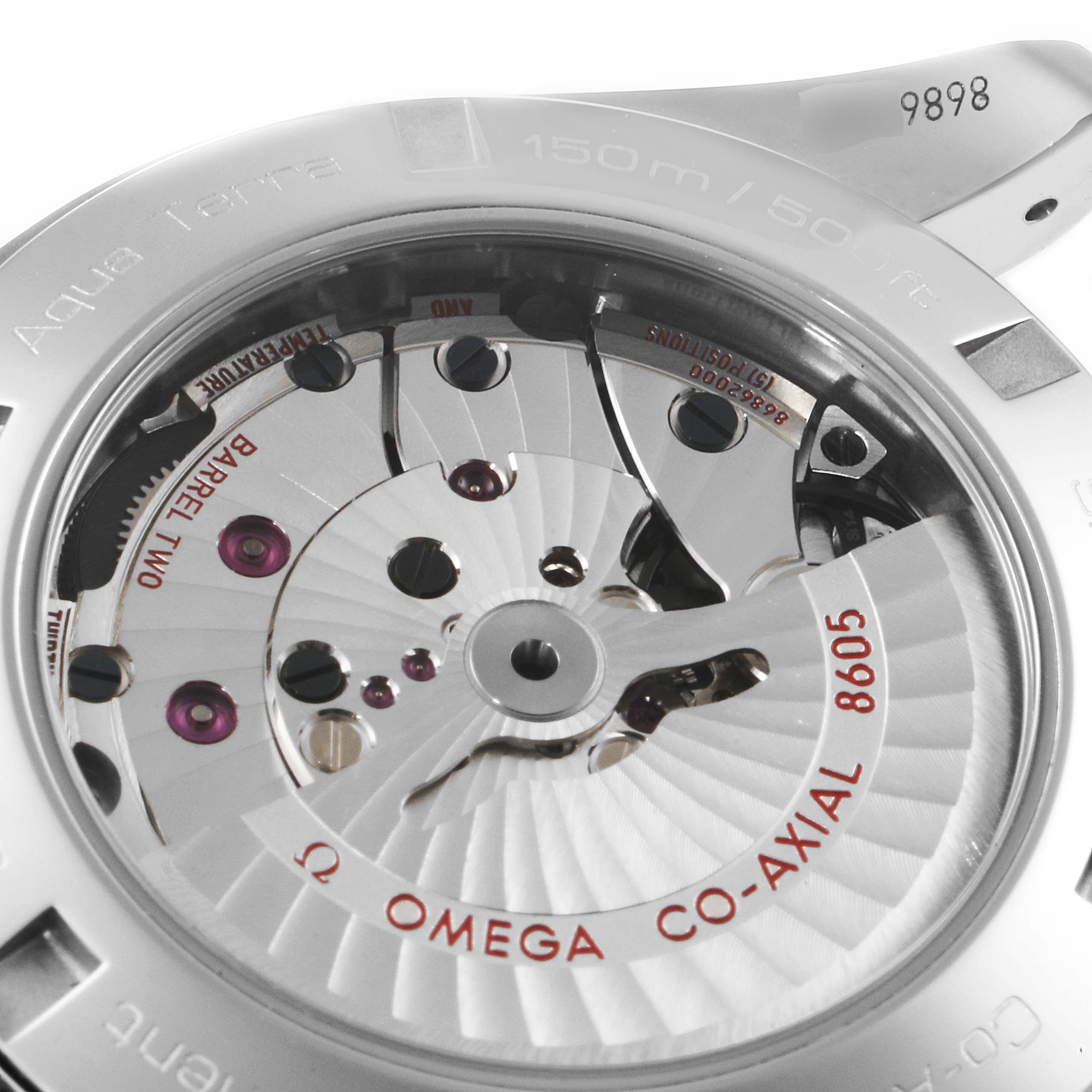 This image shows the back view of the Omega Aqua Terra 231.20.43.22.06.003 Men's Steel and Gold (two tone) Grey Dial 231.20.43.22.06.003 Men's Steel and Gold (two tone) Grey Dial watch, highlighting its Co-Axial movement and inscribed details.