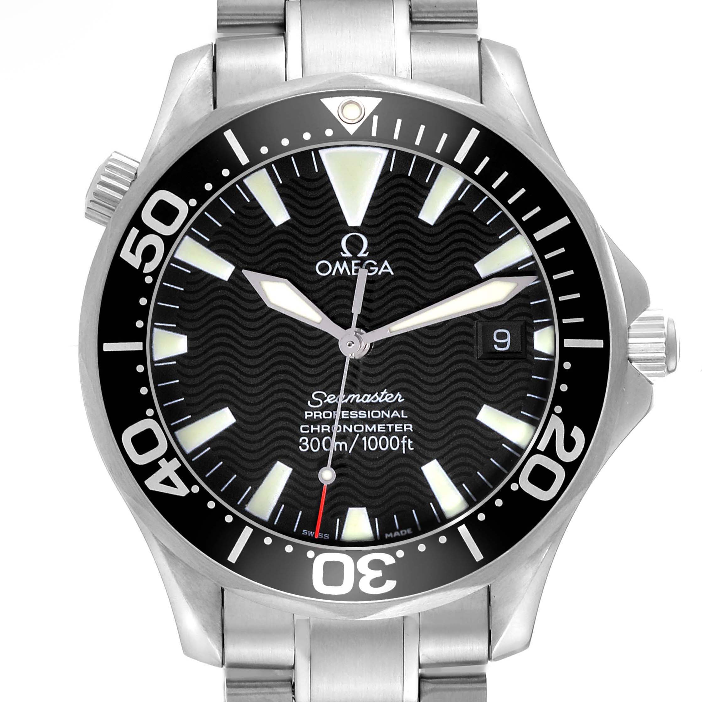 The Omega Seamaster 2254.50.00 Men's Stainless Steel Black Dial 2254.50.00 Men's Stainless Steel Black Dial watch is shown from the front, displaying the face, bezel, and part of the bracelet.