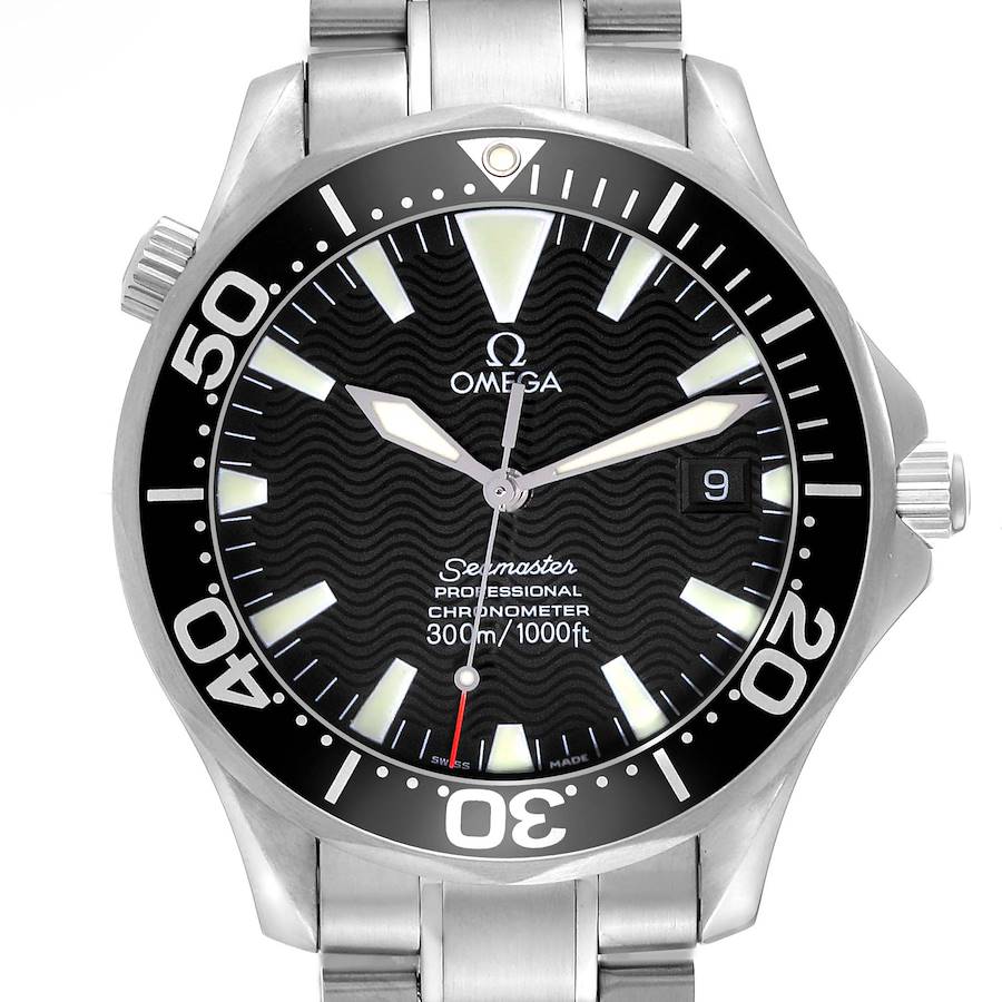 The Omega Seamaster watch is shown from the front, displaying the face, bezel, and part of the bracelet.