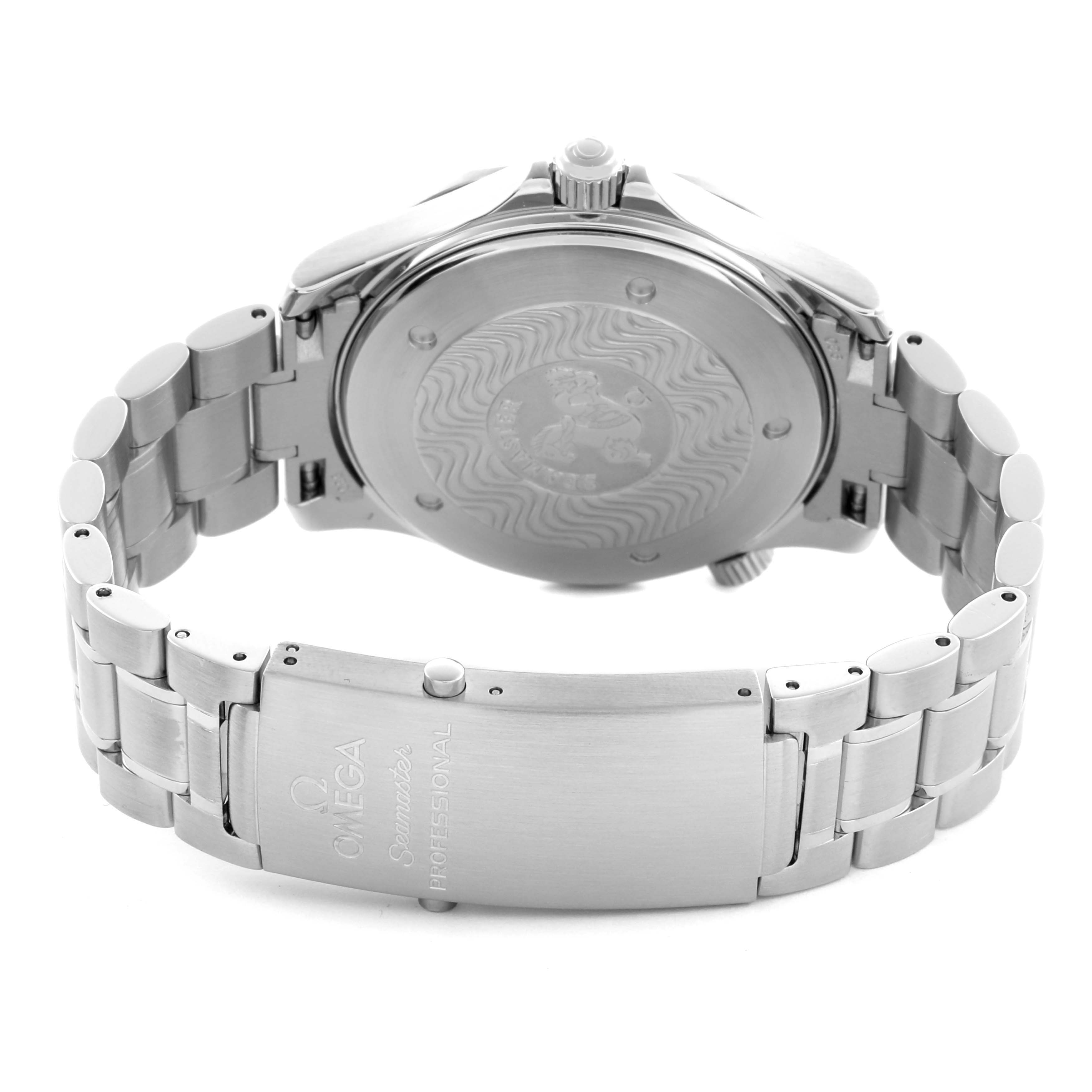 The image shows the back and clasp of the Omega Seamaster 2254.50.00 Men's Stainless Steel Black Dial 2254.50.00 Men's Stainless Steel Black Dial, highlighting the case back details and metal bracelet.