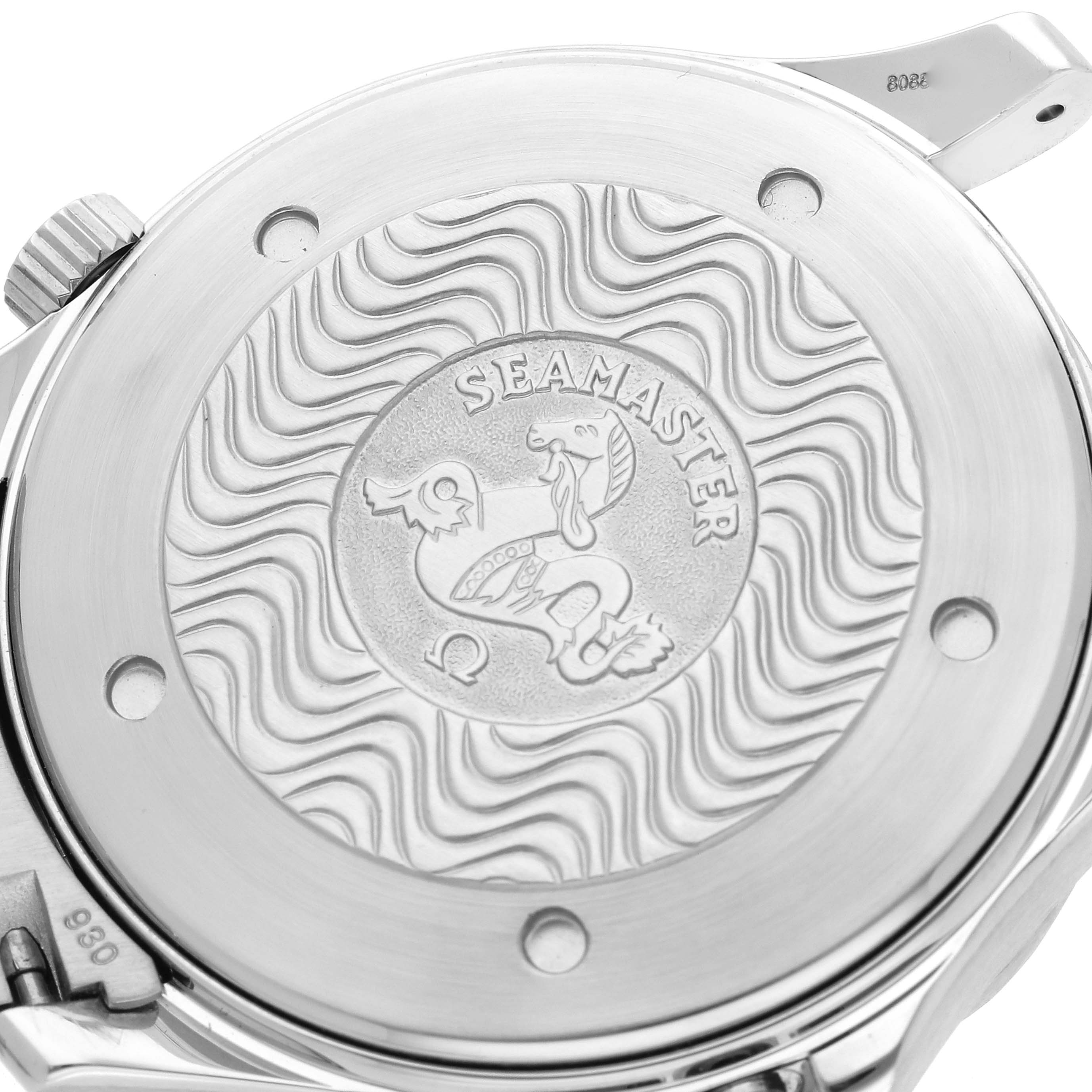 The image shows the back case of an Omega Seamaster 2254.50.00 Men's Stainless Steel Black Dial 2254.50.00 Men's Stainless Steel Black Dial watch, featuring engraving details and a logo.