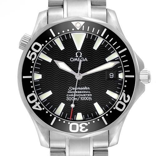 The Omega Seamaster watch is shown from a front angle displaying the dial, bezel, and part of the bracelet.