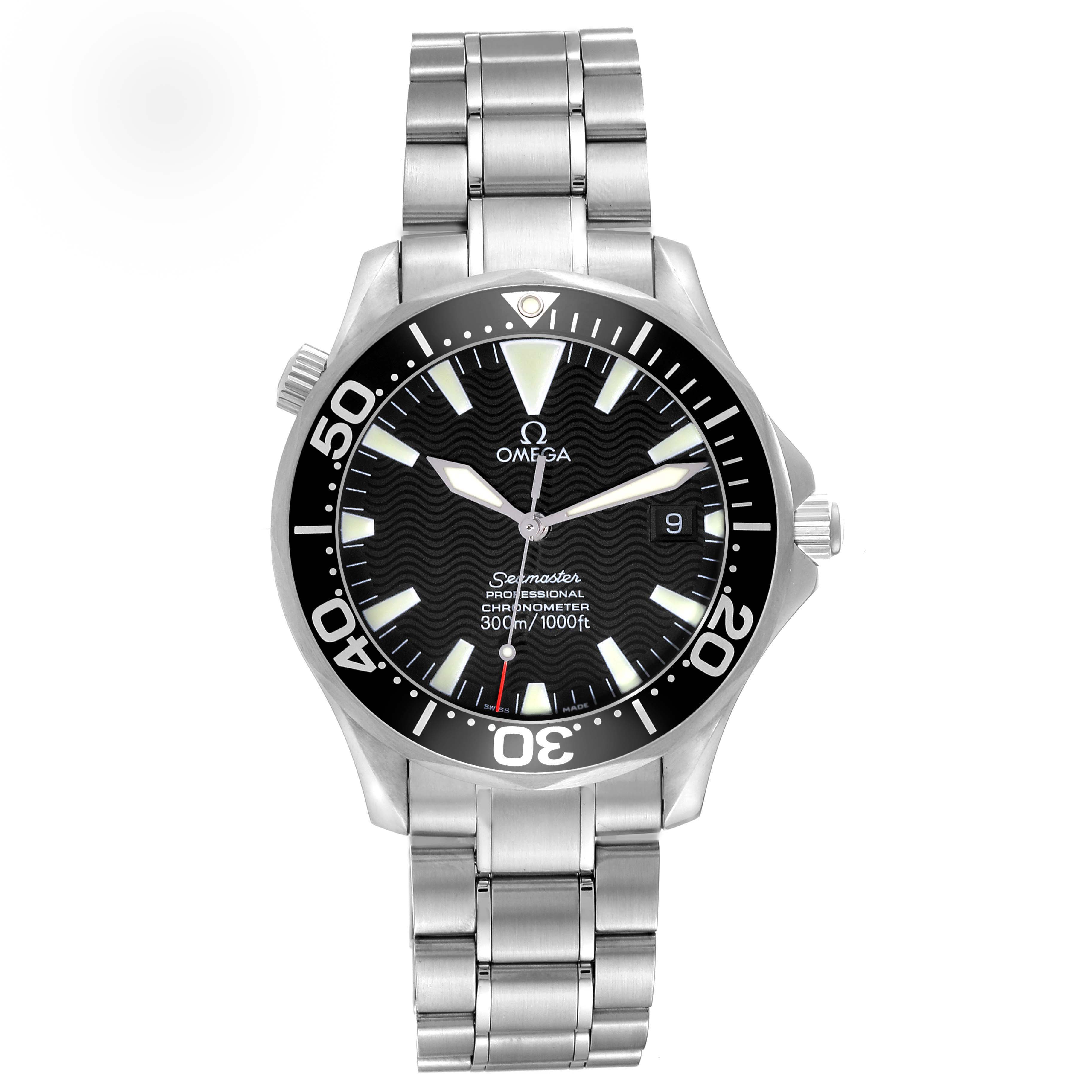 The Omega Seamaster 2254.50.00 Men's Stainless Steel Black Dial 2254.50.00 Men's Stainless Steel Black Dial is shown from a front angle, displaying the face, bezel, and stainless steel bracelet.