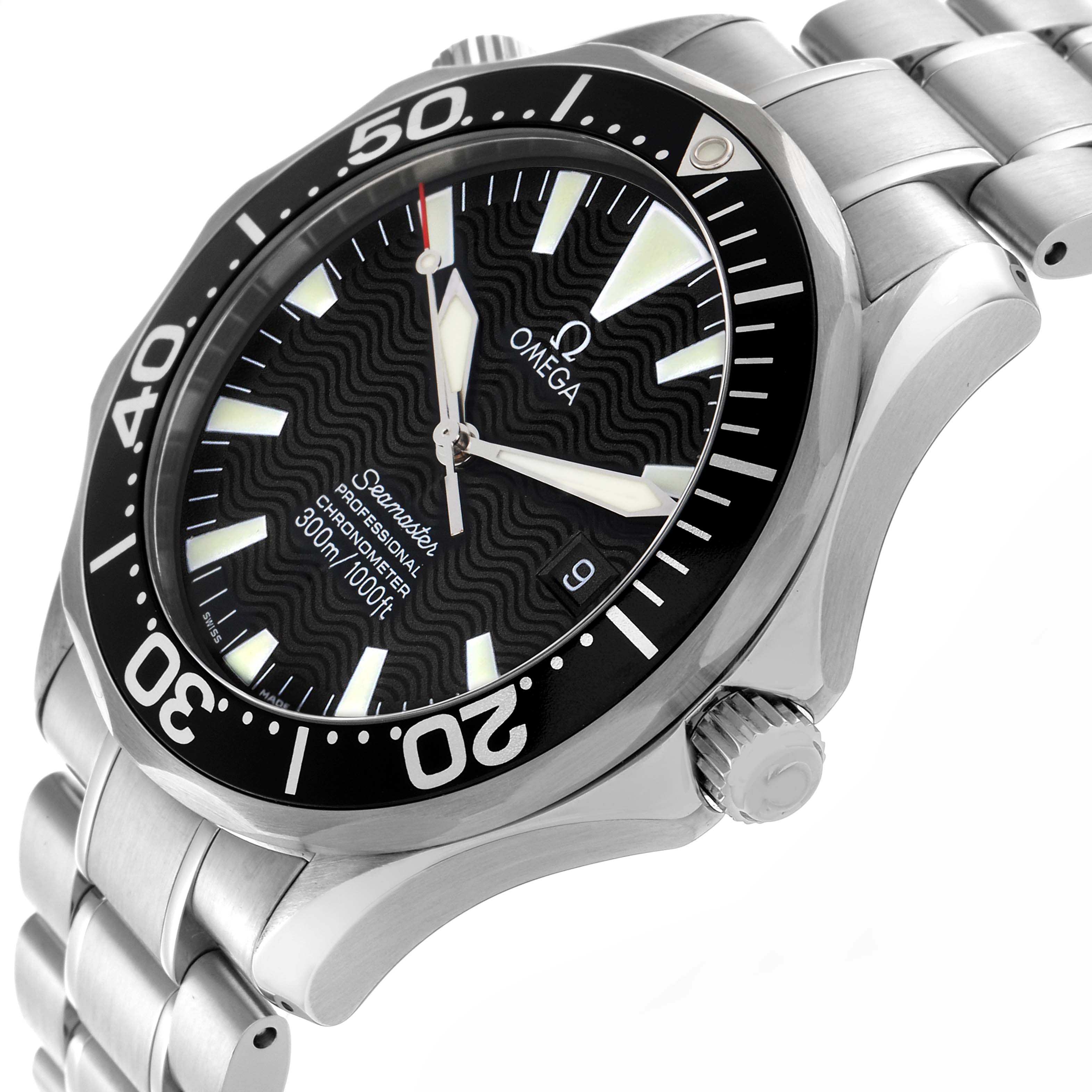 The image shows a side angle of the Omega Seamaster 2254.50.00 Men's Stainless Steel Black Dial 2254.50.00 Men's Stainless Steel Black Dial watch, highlighting the bezel, dial, crown, and bracelet.