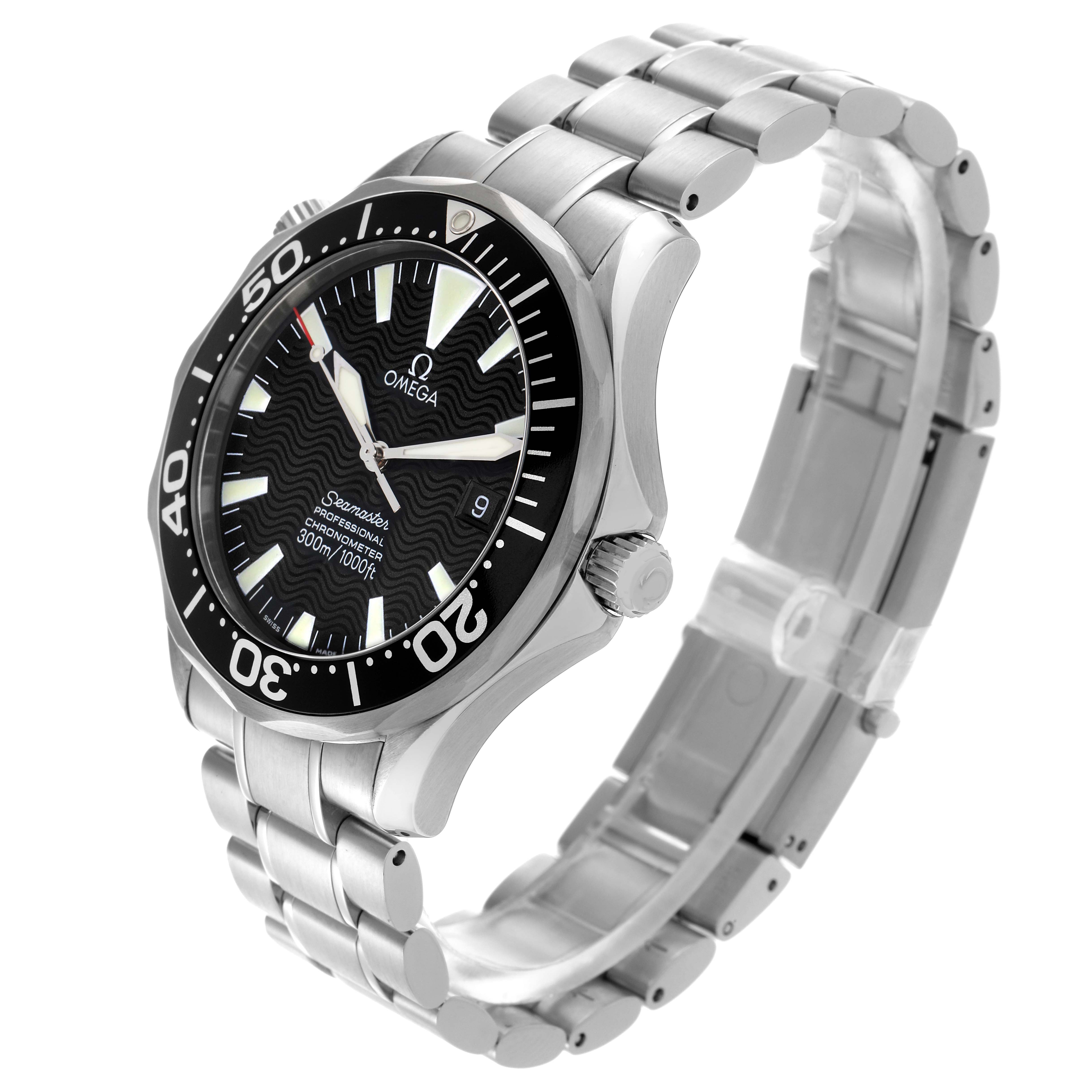 The Omega Seamaster 2254.50.00 Men's Stainless Steel Black Dial 2254.50.00 Men's Stainless Steel Black Dial watch is shown at an angled side view, highlighting the bezel, dial, bracelet, and crown.