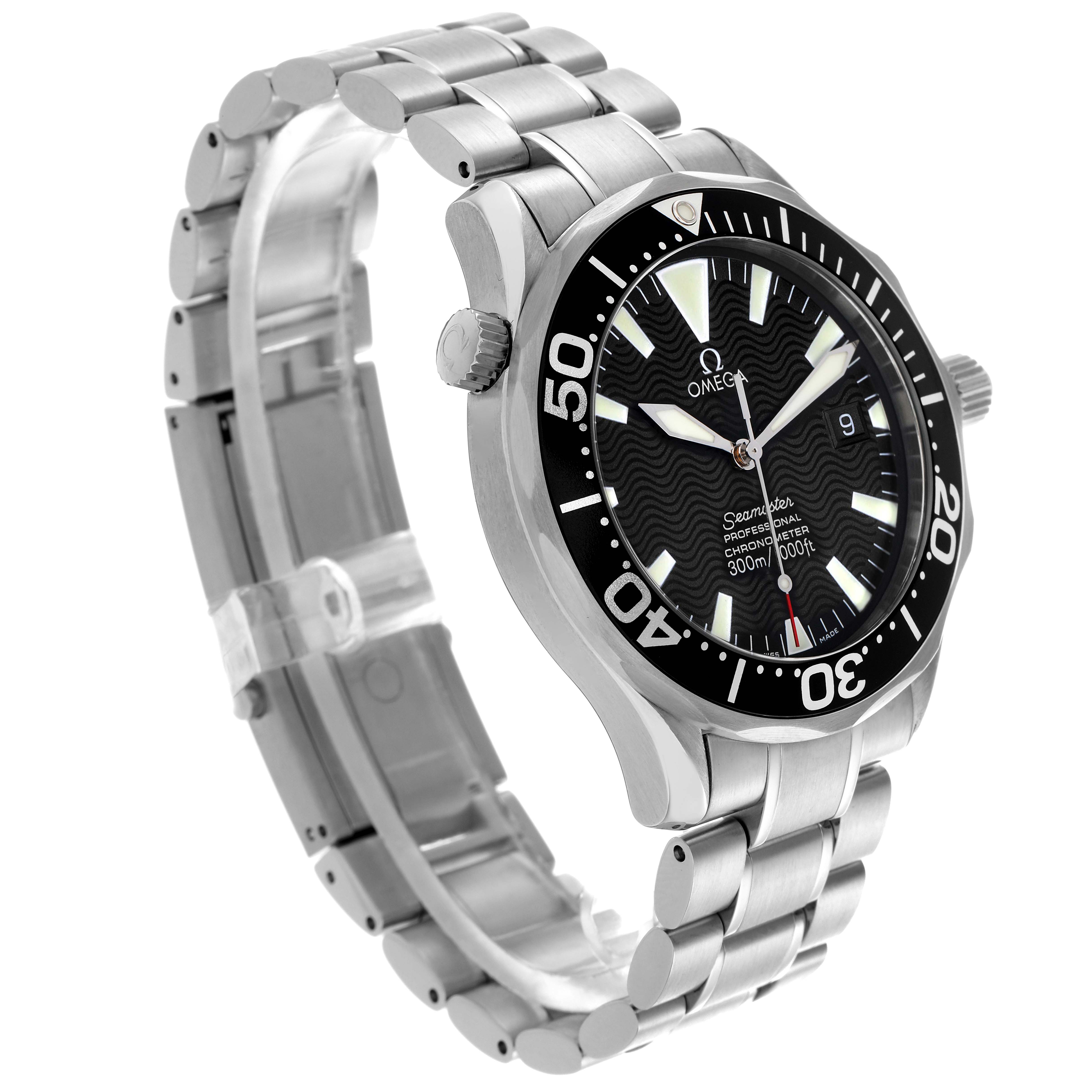 The Omega Seamaster 2254.50.00 Men's Stainless Steel Black Dial 2254.50.00 Men's Stainless Steel Black Dial watch is shown at a slight side angle, featuring the bezel, dial, bracelet, and crown.